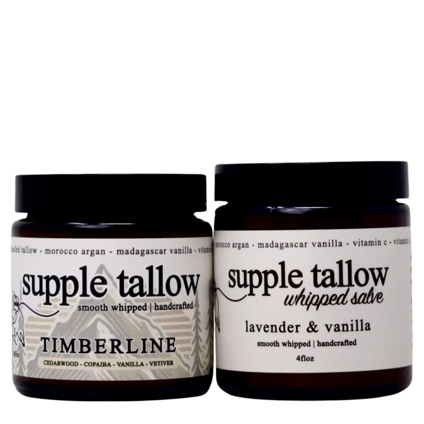Two brown jars of Roots Apothecary supple tallow salve are shown: the left contains grassfed tallow with cedarwood, copaiba, Madagascar vanilla & vetiver; the right is Whipped Salve with lavender & vanilla, 4 fl oz.