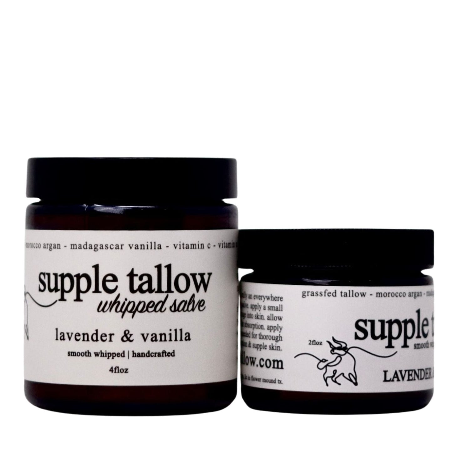 Two brown glass jars of Roots Apothecary supple tallow salve are displayed, both with black lids and white labels featuring a cow. The 4 fl oz jar is lavender & vanilla scented, crafted with grassfed tallow for organic skincare.
