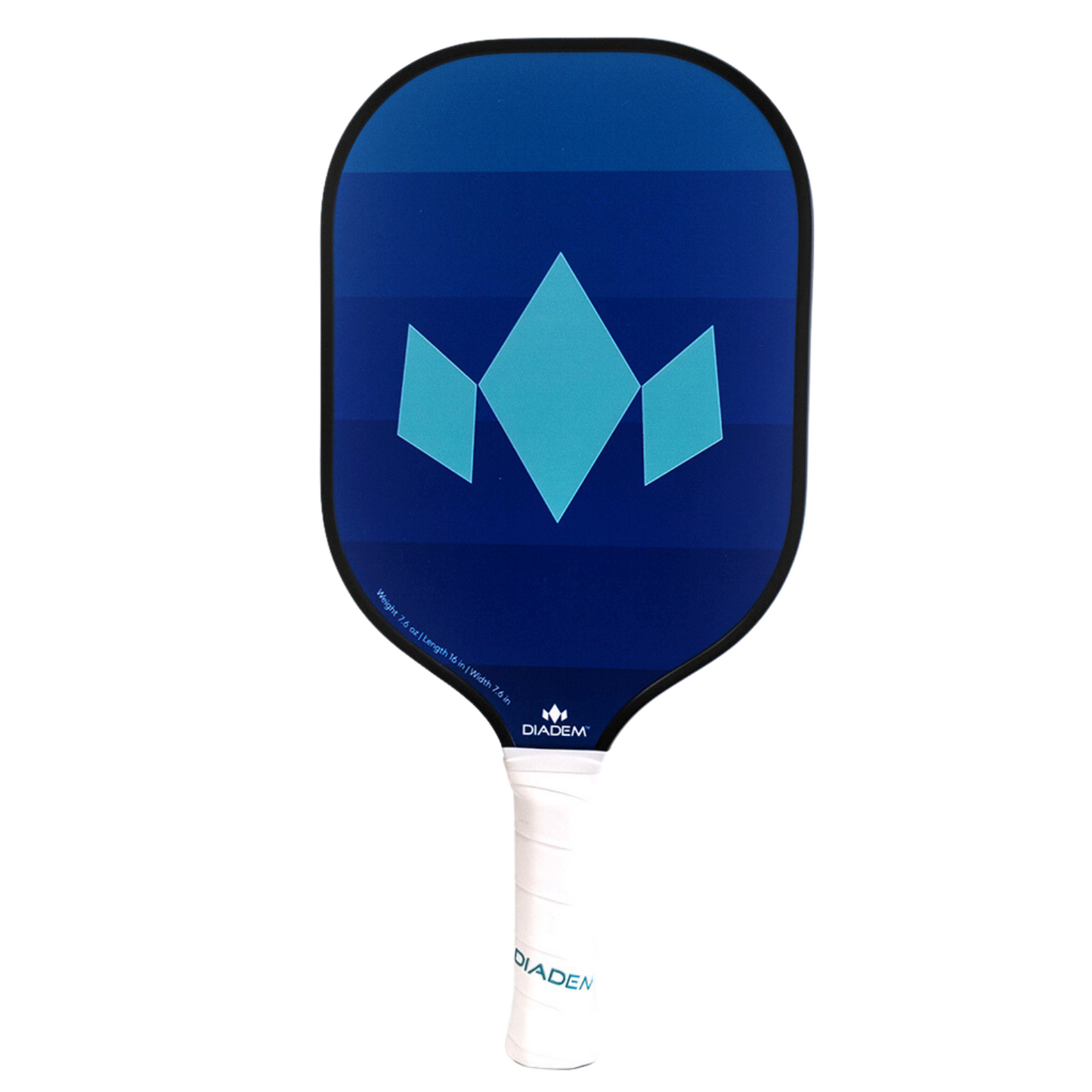 The blue Diadem Team Paddle by Diadem Sports has a crown-like geometric design, black edge, white grip tape, and the DIADEM logo above the handle—perfect for family court games.