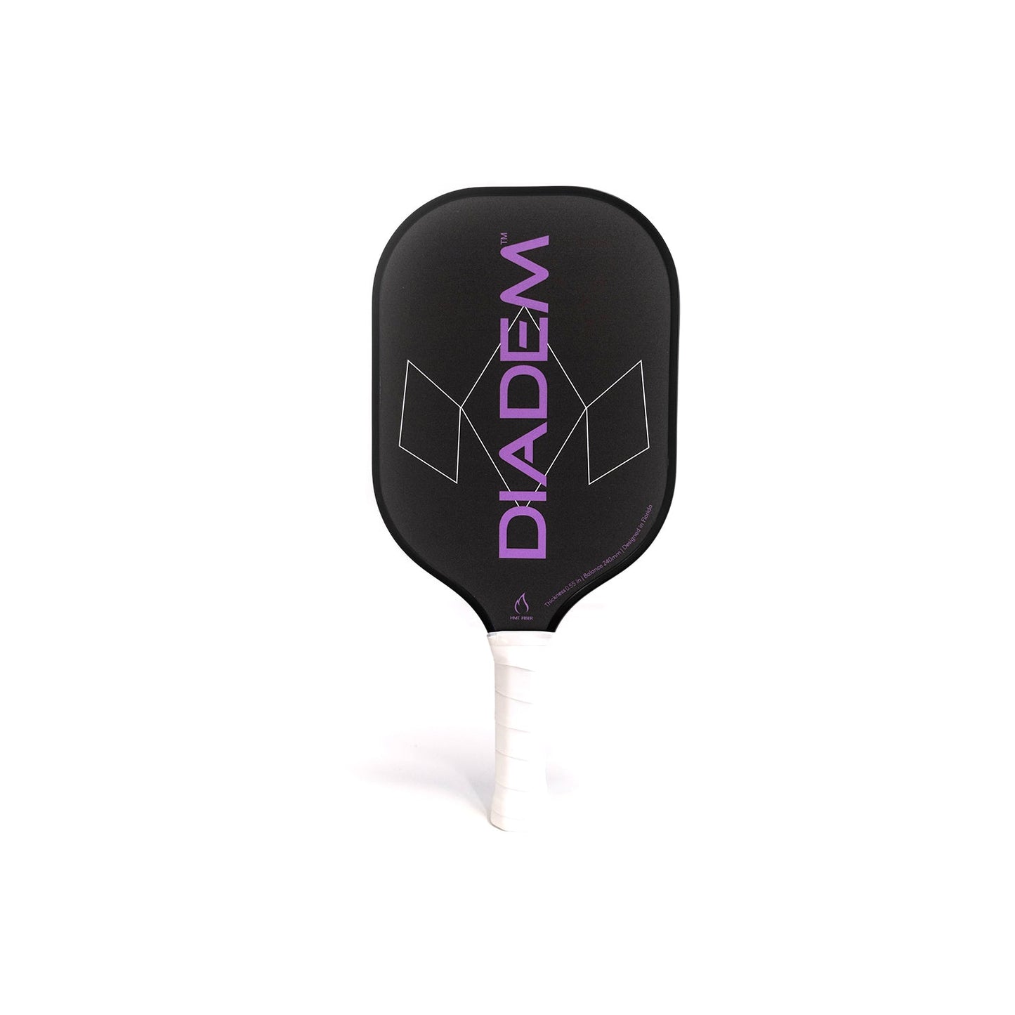 The Diadem Team Paddle by Diadem Sports features a black rounded rectangular face, white grip, bold vertical purple "Diadem" lettering, and two white diamond designs—ideal for family court games.