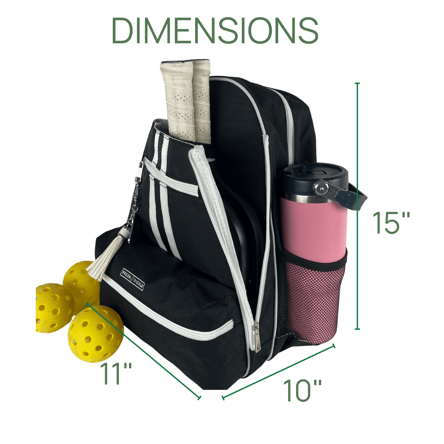 The Fresh Pickle Teddi Pickleball Backpack in black with white zippers holds two paddles and a pink water bottle in its mesh pocket. Three yellow balls rest nearby. Its 15"x11"x10" interior keeps gear organized.