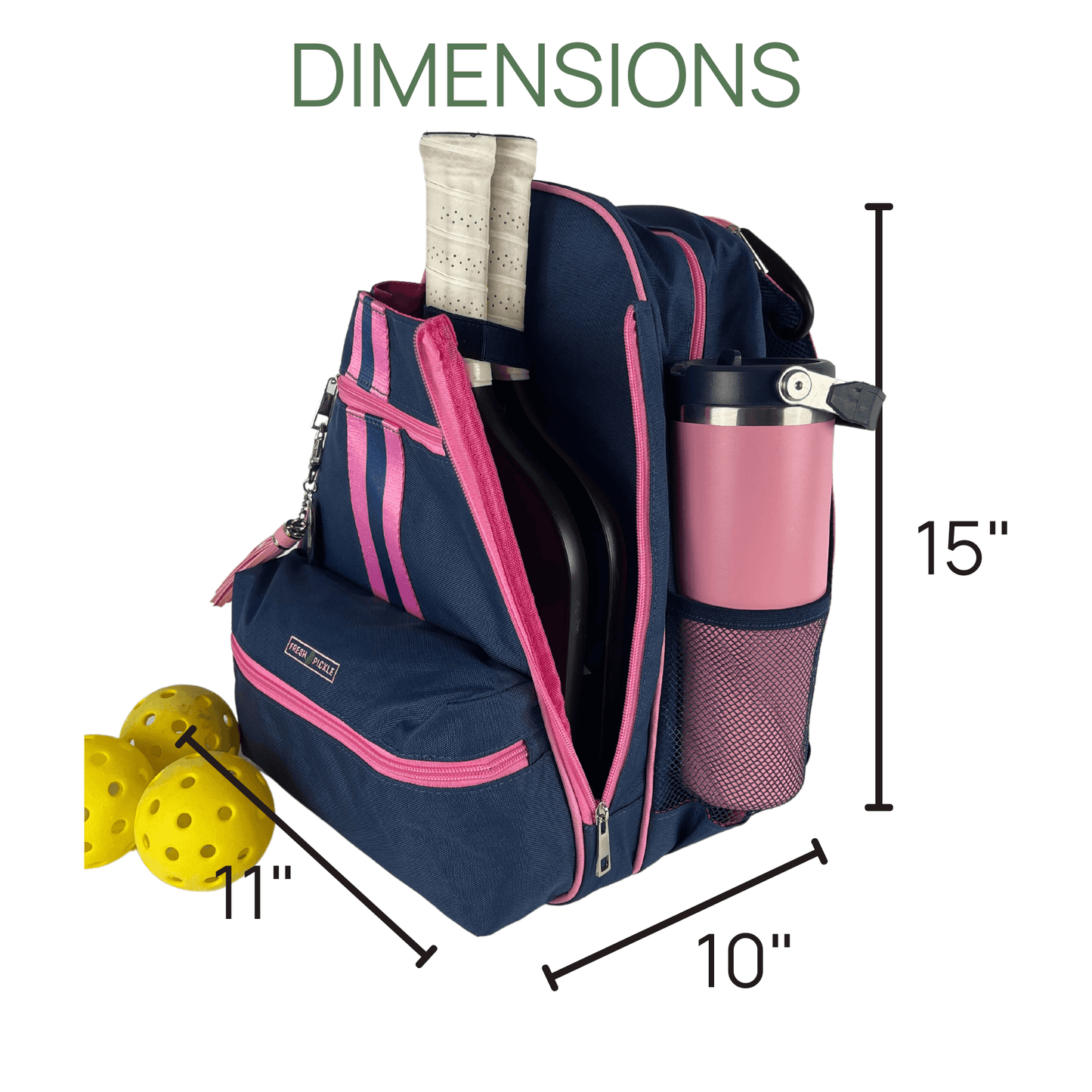 The Teddi Pickleball Backpack by Fresh Pickle, in navy blue and pink, holds two paddles inside, features a mesh side pocket with a pink water bottle, and has yellow pickleballs nearby. DIMENSIONS: 15" tall x 10" deep.
