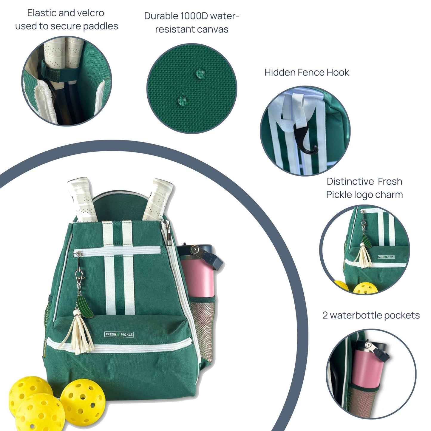 The Teddi Pickleball Backpack by Fresh Pickle, in green with white stripes, holds two paddles and features a roomy interior, elastic and velcro paddle holders, durable canvas, two water bottle pockets, hidden hook, logo charm, and hands-free design.