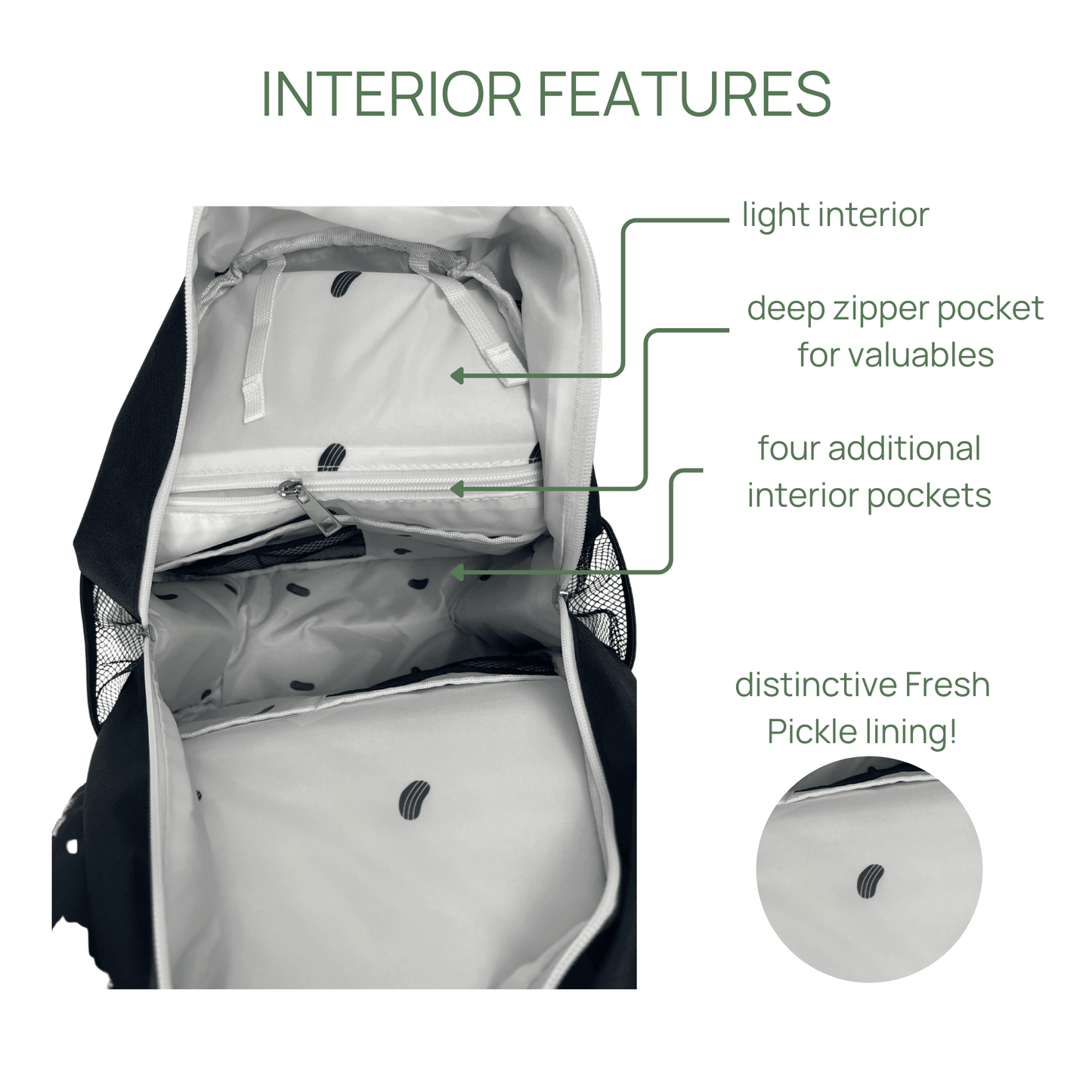 The Fresh Pickle Teddi Pickleball Backpack opens hands-free to a spacious interior with a deep zipper pocket, four extra pockets, and a quirky pickle-patterned lining. Text and arrows highlight features, plus an inset shows the unique lining up close.