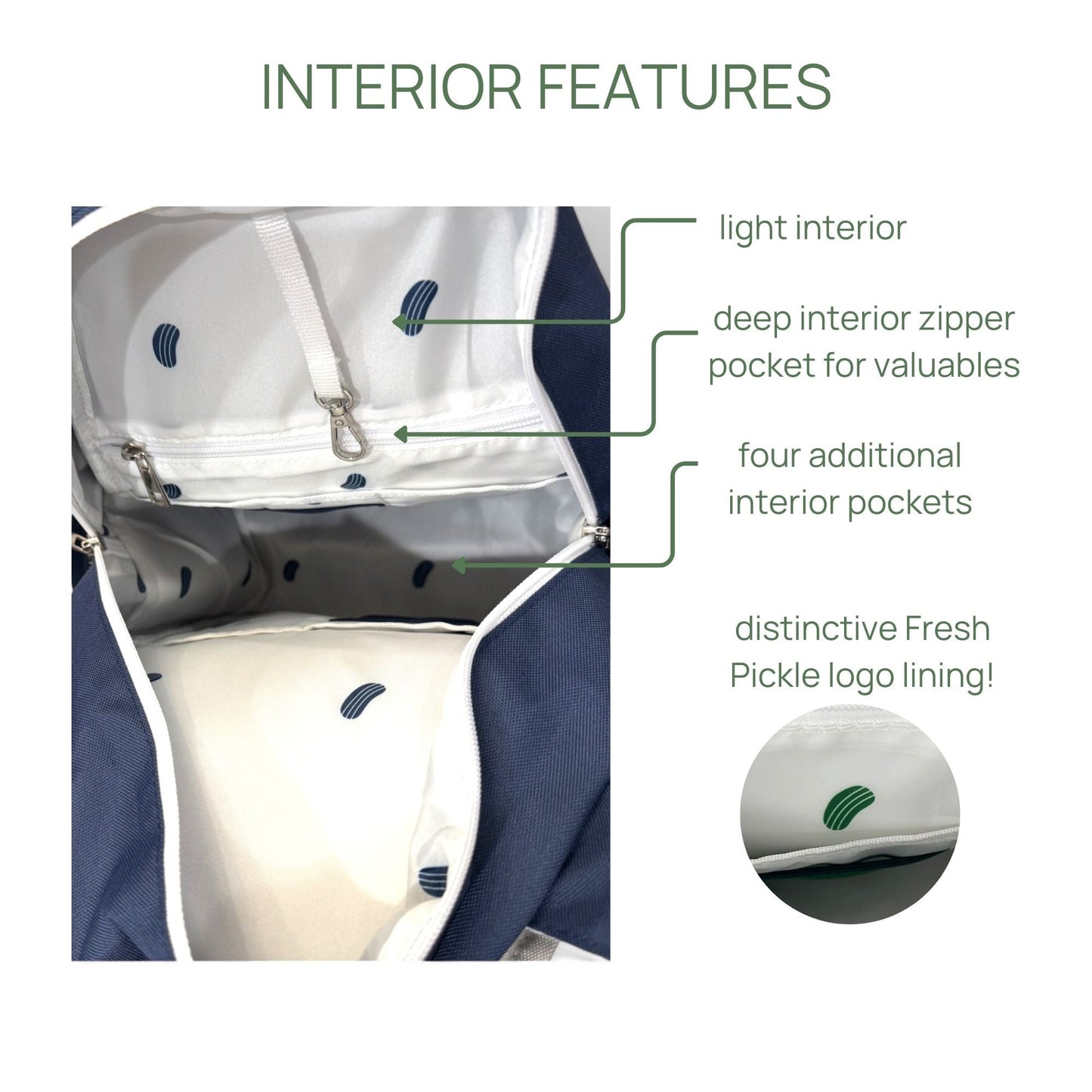 Open blue-and-white Teddi Pickleball Backpack by Fresh Pickle reveals a light interior with a zippered pocket, four extra pockets, and white lining accented with small green-and-blue Fresh Pickle logos; arrows highlight features and logo close-up.