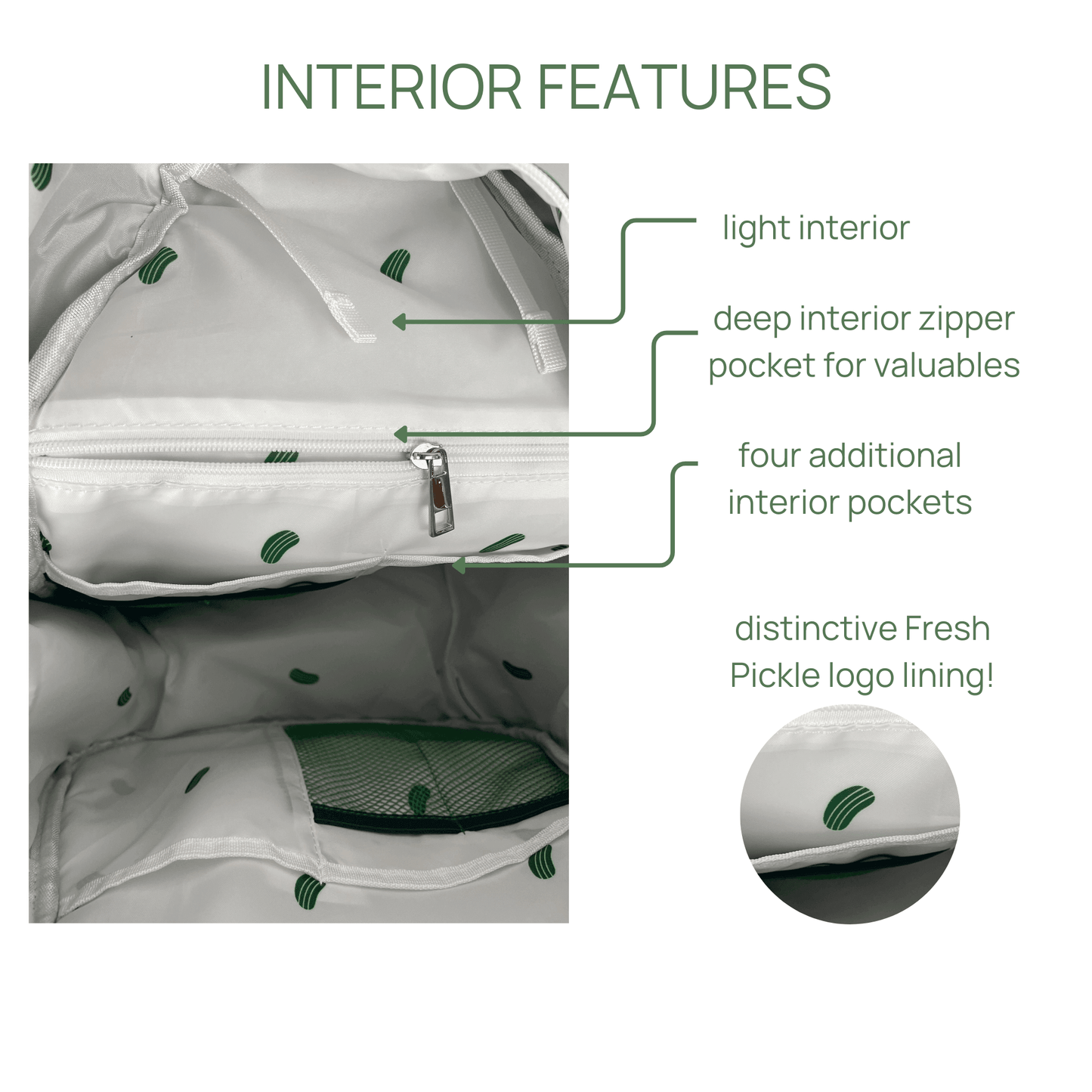 Open Teddi Pickleball Backpack by Fresh Pickle to reveal a light gray roomy interior with green pickle graphics, a deep zipper pocket, four extra pockets, mesh details, and logo lining for hands-free organization.