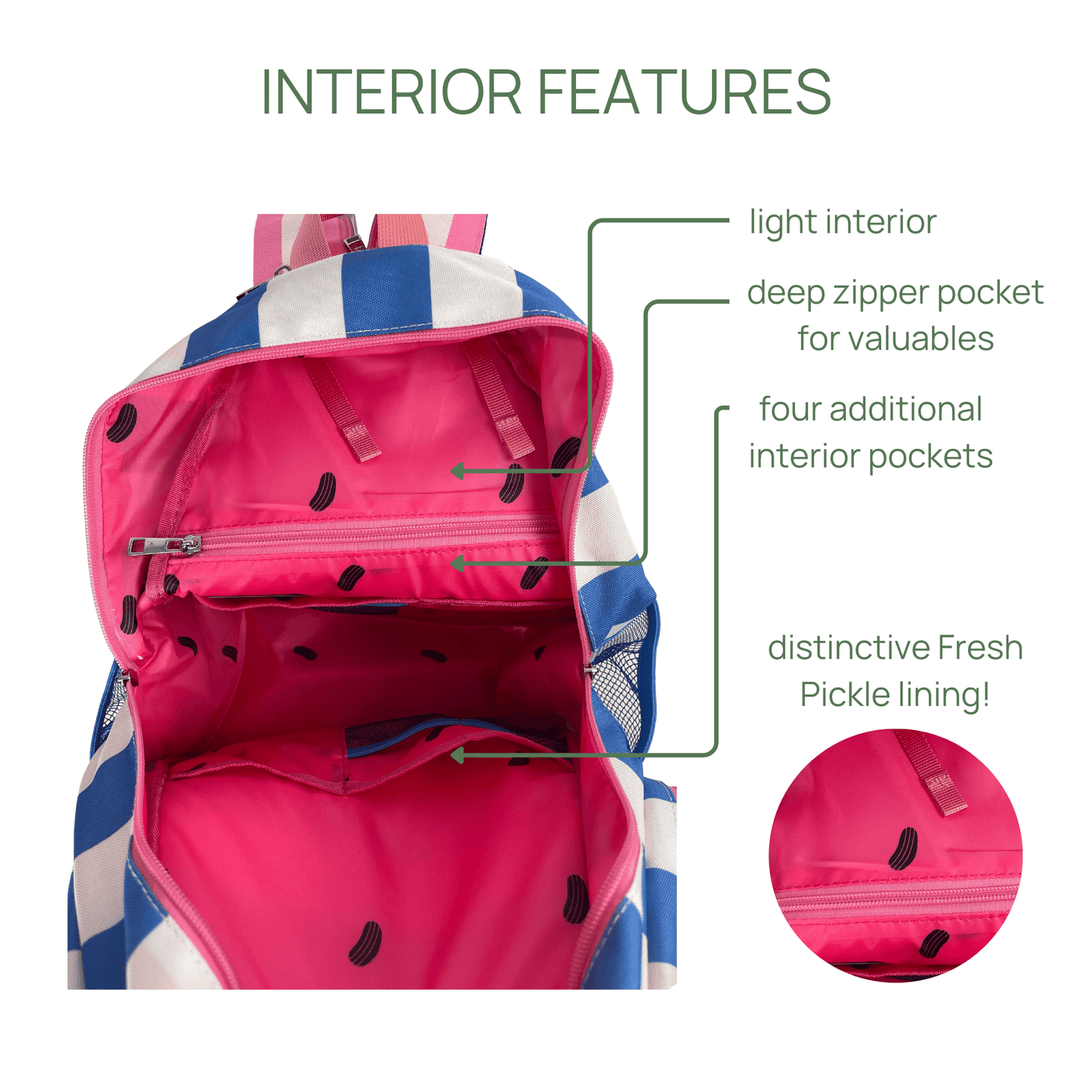 The Teddi Pickleball Backpack by Fresh Pickle features a blue and white checkered design, bright pink roomy interior, unique pickle-print lining, deep zipper pocket, four interior pockets, and the signature Fresh Pickle pattern.