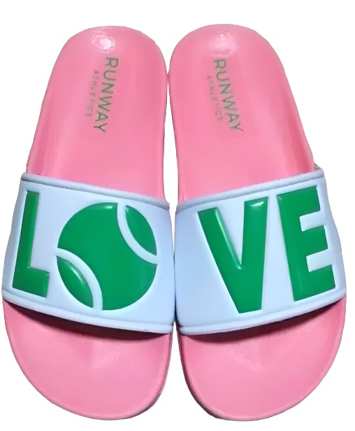 Step into style with Runway Athletics' Tennis LOVE After Play Tennis Slides—pink footbeds, white straps, green tennis ball "O" in LOVE, and embossed green V & E. The word RUNWAY pops on the pink base; perfect for tennis fans!.