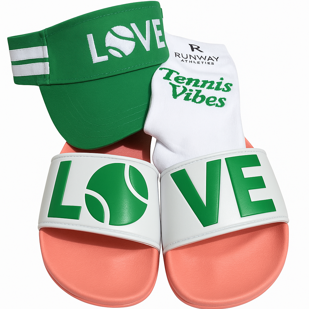 The Runway Athletics Tennis Vibes - Gift Set includes a green-striped visor with LOVE, white socks with Tennis Vibes in green, and white slides with pink soles, LOVE text, and a tennis ball design—all perfect for tennis fans.