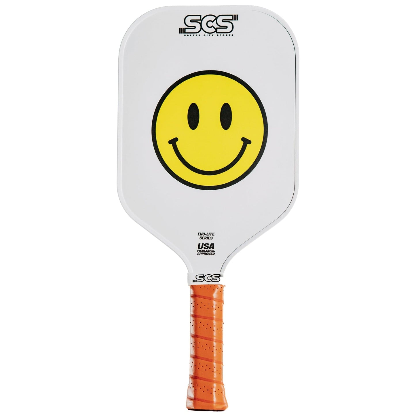 The Happy Paddle | Evo-Lite Series by Salted City Sports features a bold yellow smiley face, orange grip, “SCS” branding, and is USA Pickleball approved—ideal for players wanting standout style and high performance.