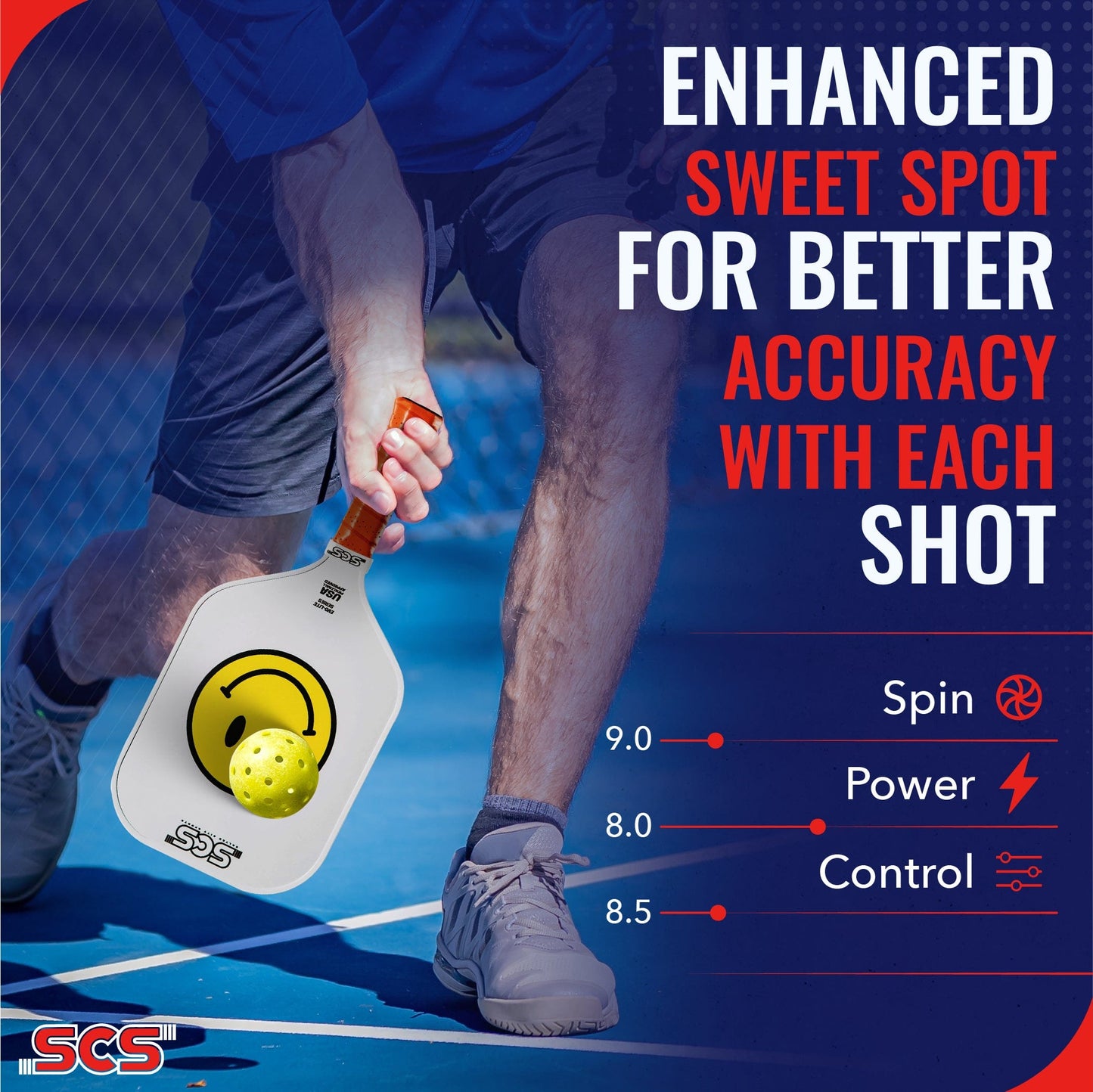 A player in sportswear wields The Happy Paddle | Evo-Lite Series by Salted City Sports, aiming at a yellow ball on a blue court. USA Pickleball approved, it boasts improved accuracy, an enhanced sweet spot, and ratings for spin, power, and control.