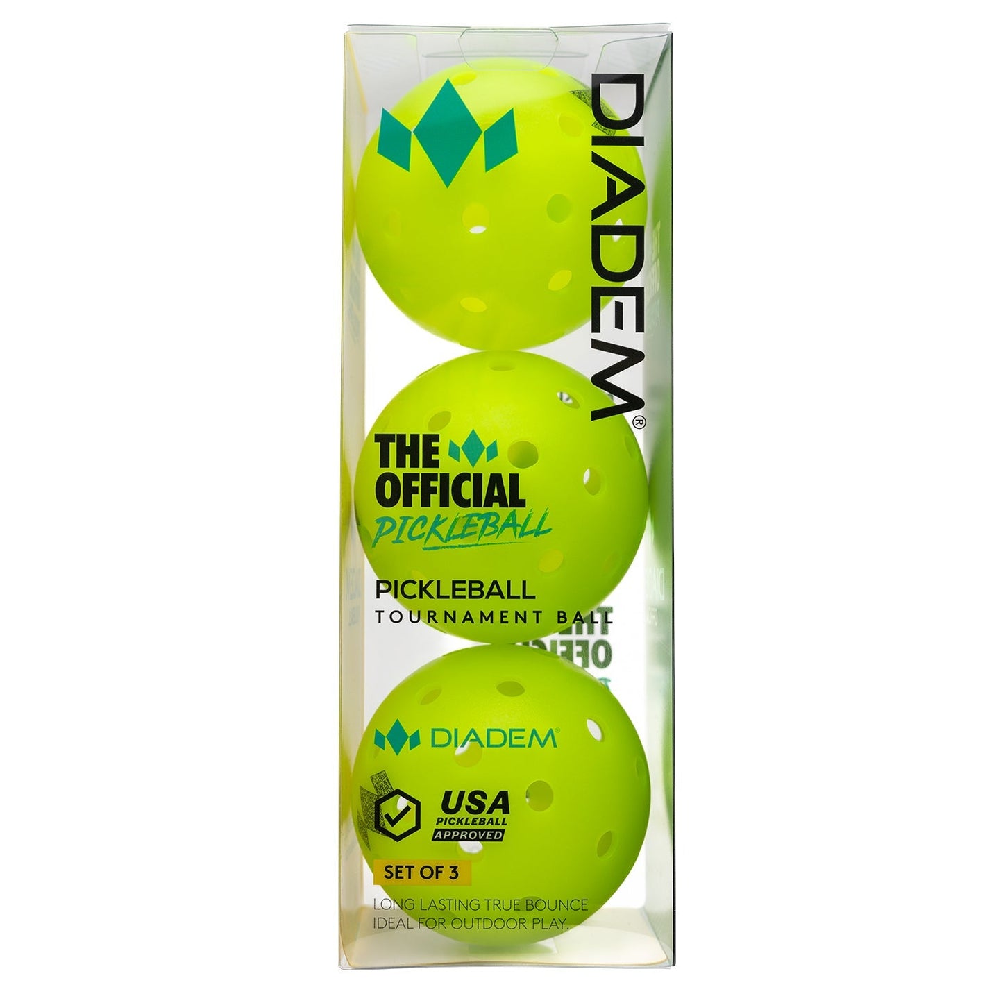 A clear plastic box holds three bright yellow outdoor Diadem Sports "The Official Pickleball" balls stacked vertically. The packaging notes USAPA Tournament approval and features small surface holes for official play.