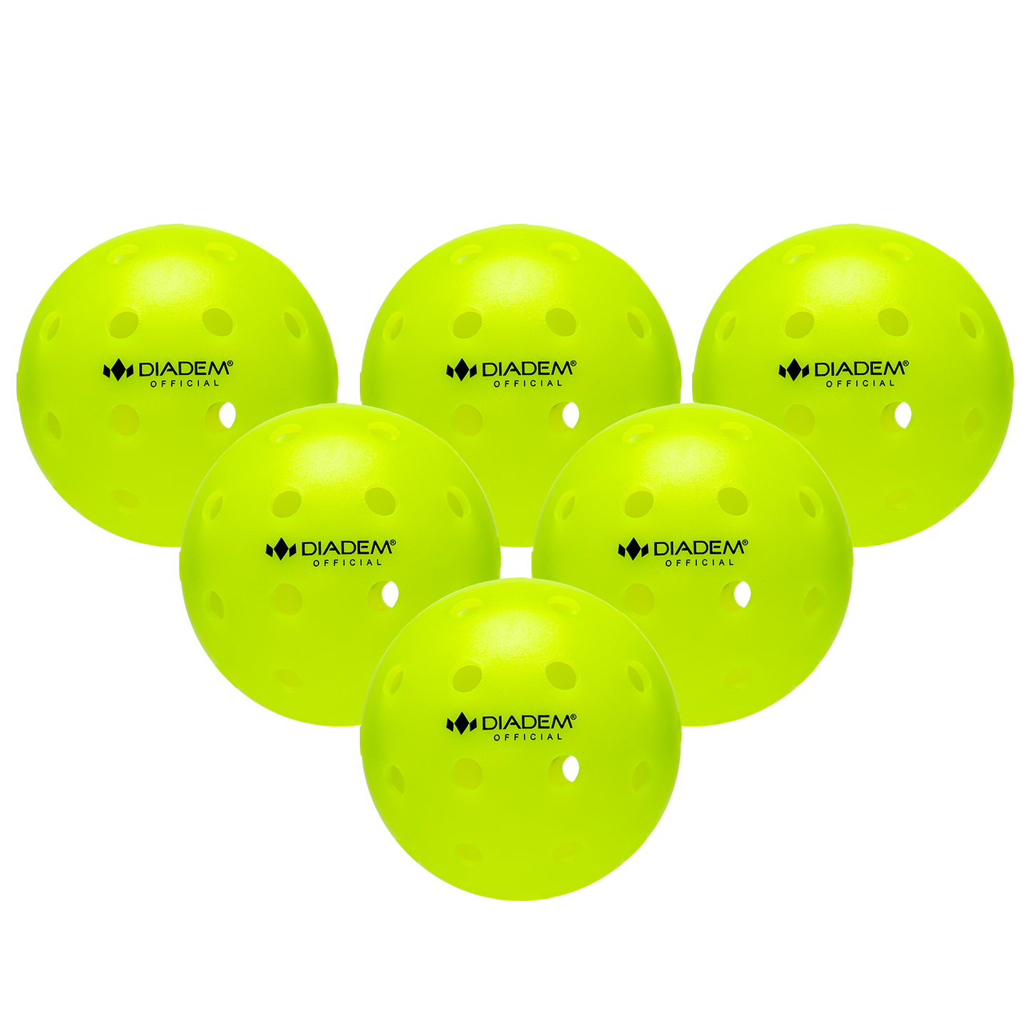 Six bright yellow "The Official Pickleball" balls by Diadem Sports, USAPA Tournament approved for outdoor play, are arranged in a triangle. Each ball has evenly spaced holes and displays a black Diadem Sports logo with “Official.”.