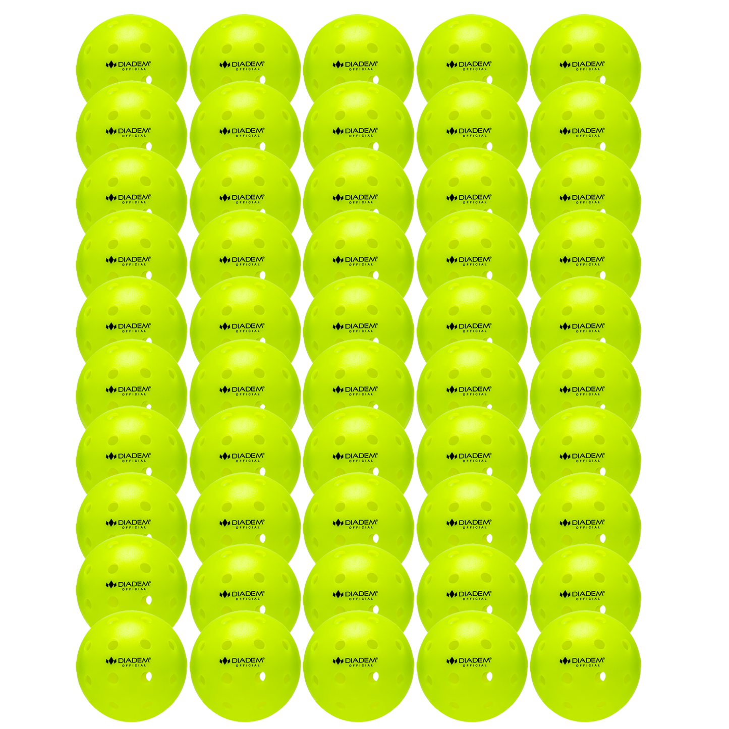 A grid of 36 vibrant yellow Diadem Sports The Official Pickleball balls, USAPA Tournament approved with small holes and black logos, is arranged in six rows and six columns on a white background.