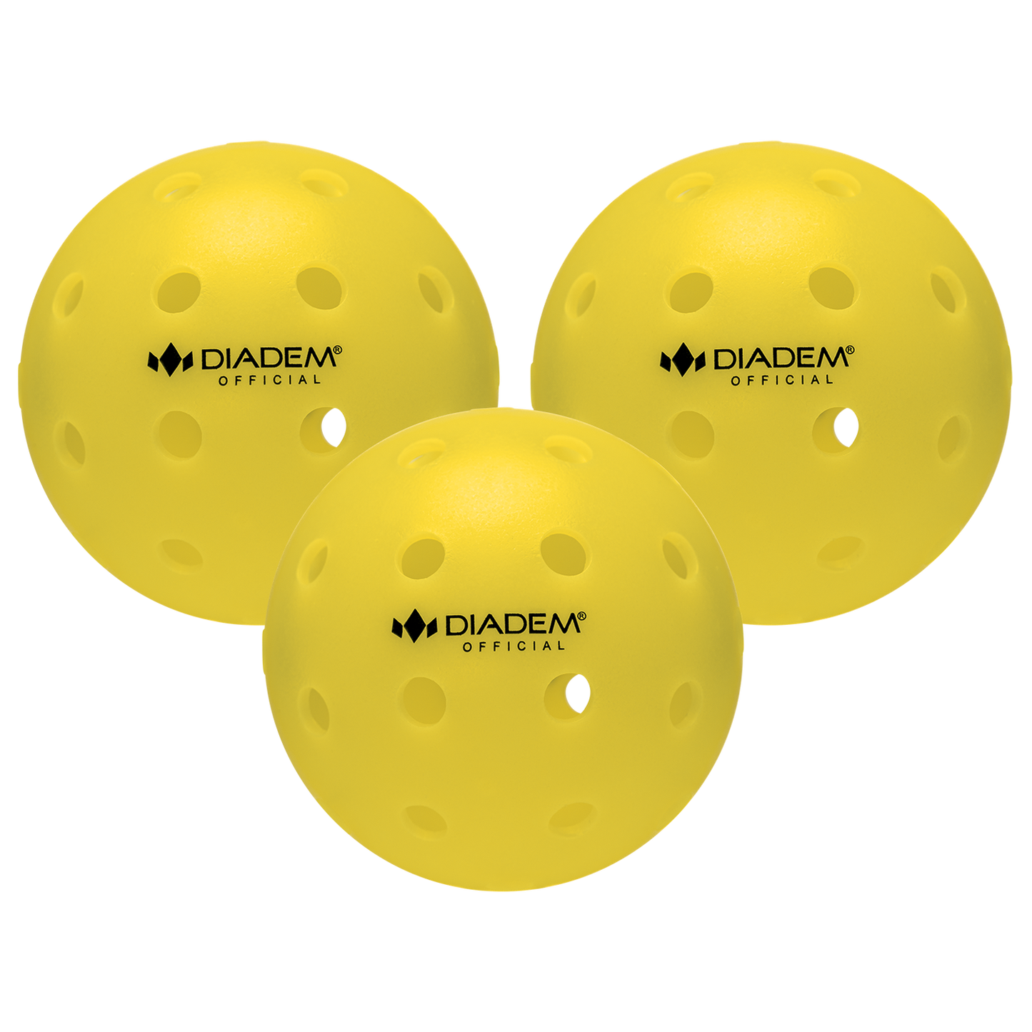 Three bright yellow The Official Pickleball balls by Diadem Sports are shown against a white background, each featuring multiple circular holes and Diadem branding, USAPA Tournament approved, arranged in a triangular formation.