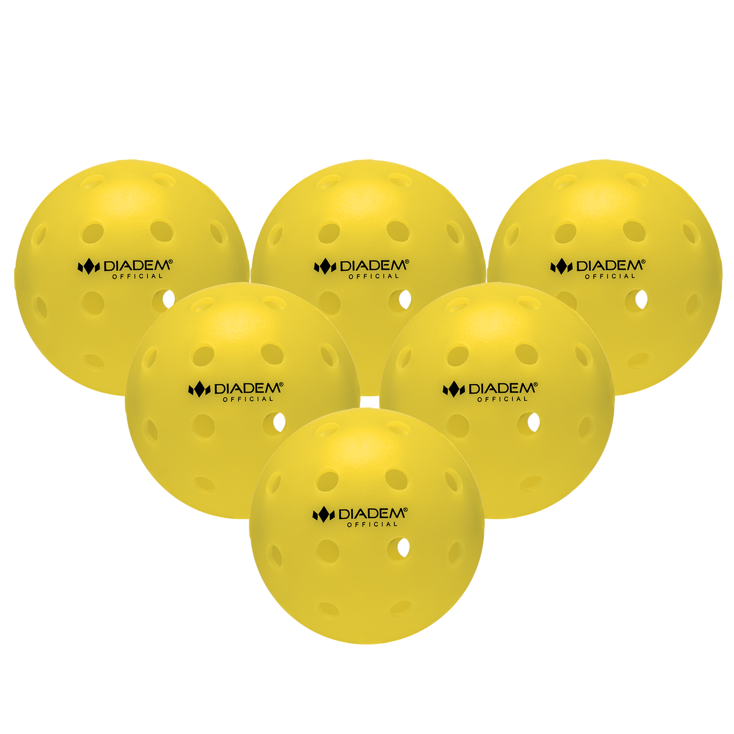Six bright yellow The Official Pickleball balls by Diadem Sports are arranged in a triangle on a white background. Each outdoor ball has small holes, the black "DIADEM OFFICIAL" logo, and a smooth, glossy finish.