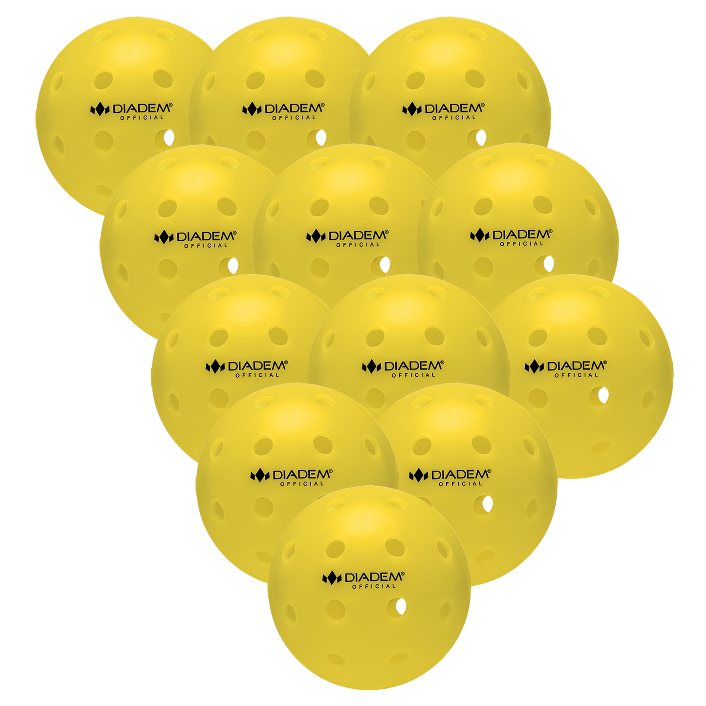 Twelve yellow "The Official Pickleball" balls from Diadem Sports, each with multiple holes and the black Diadem logo plus "OFFICIAL" text, are arranged in a triangular formation on a plain white background.