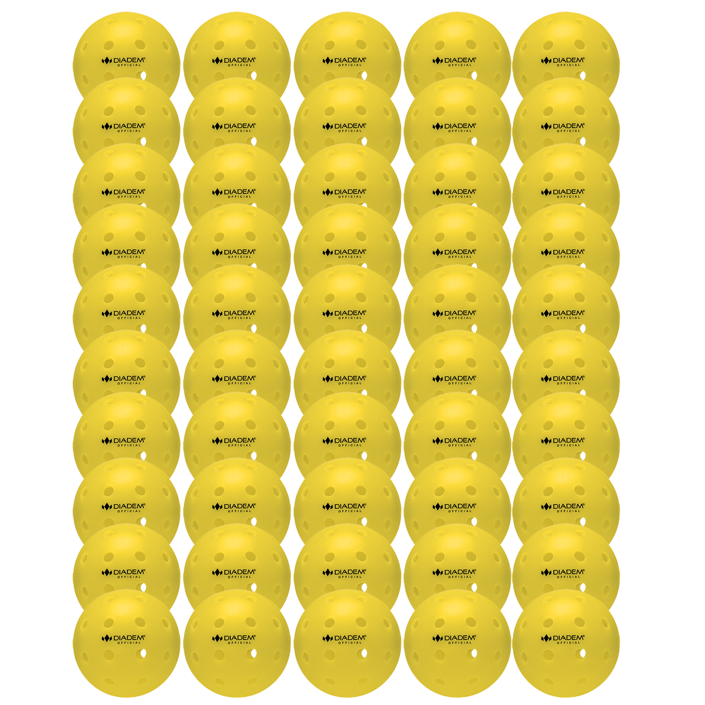 A grid of 36 yellow Diadem Sports "The Official Pickleball" balls, each with multiple holes, arranged in six rows and six columns on a plain white background. Ideal for tournaments and official pickleball games.
