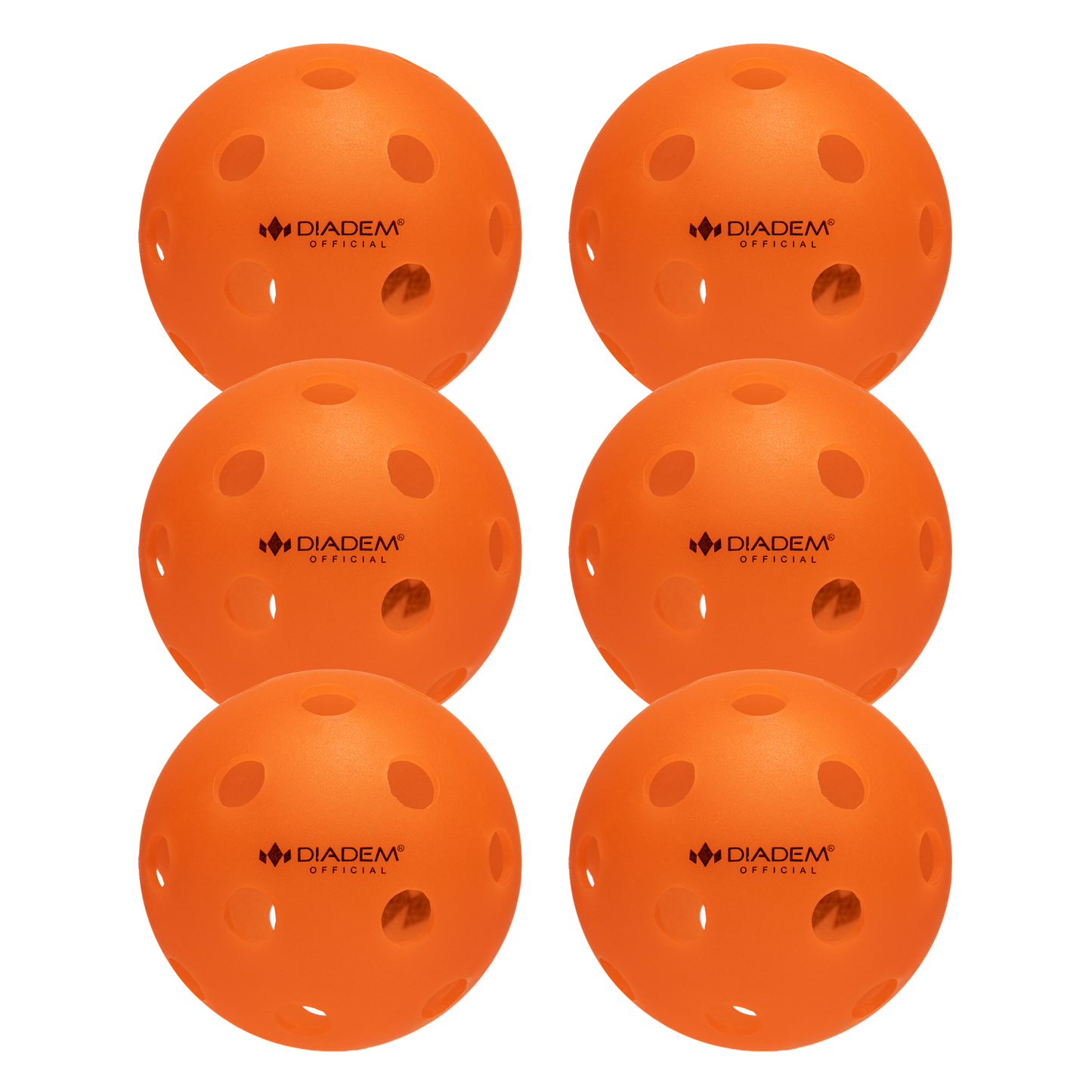 Six bright orange Diadem Sports The Official Pickleball Indoor Pickleballs with seamless construction and hexagonal hole pattern are shown. Each USAPA approved ball features the black Diadem logo and "Official" printed on one side.