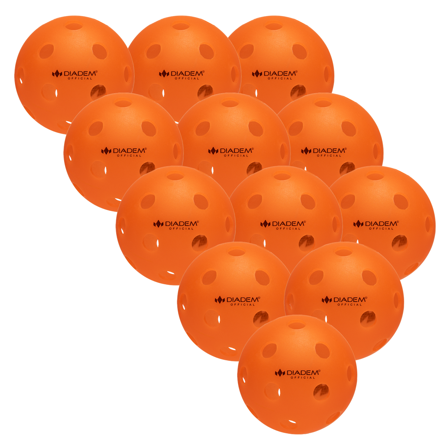 Twelve bright orange Diadem Sports The Official Pickleball Indoor Pickleballs, featuring seamless construction and USAPA approval, are arranged diagonally and closely clustered with semi-overlapping on a white background.