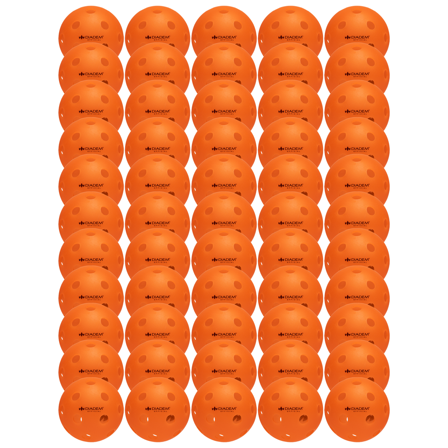 A grid of 40 bright orange The Official Pickleball Indoor Pickleball balls by Diadem Sports, each USAPA approved with seamless construction, arranged in five rows and eight columns for indoor pickleball.