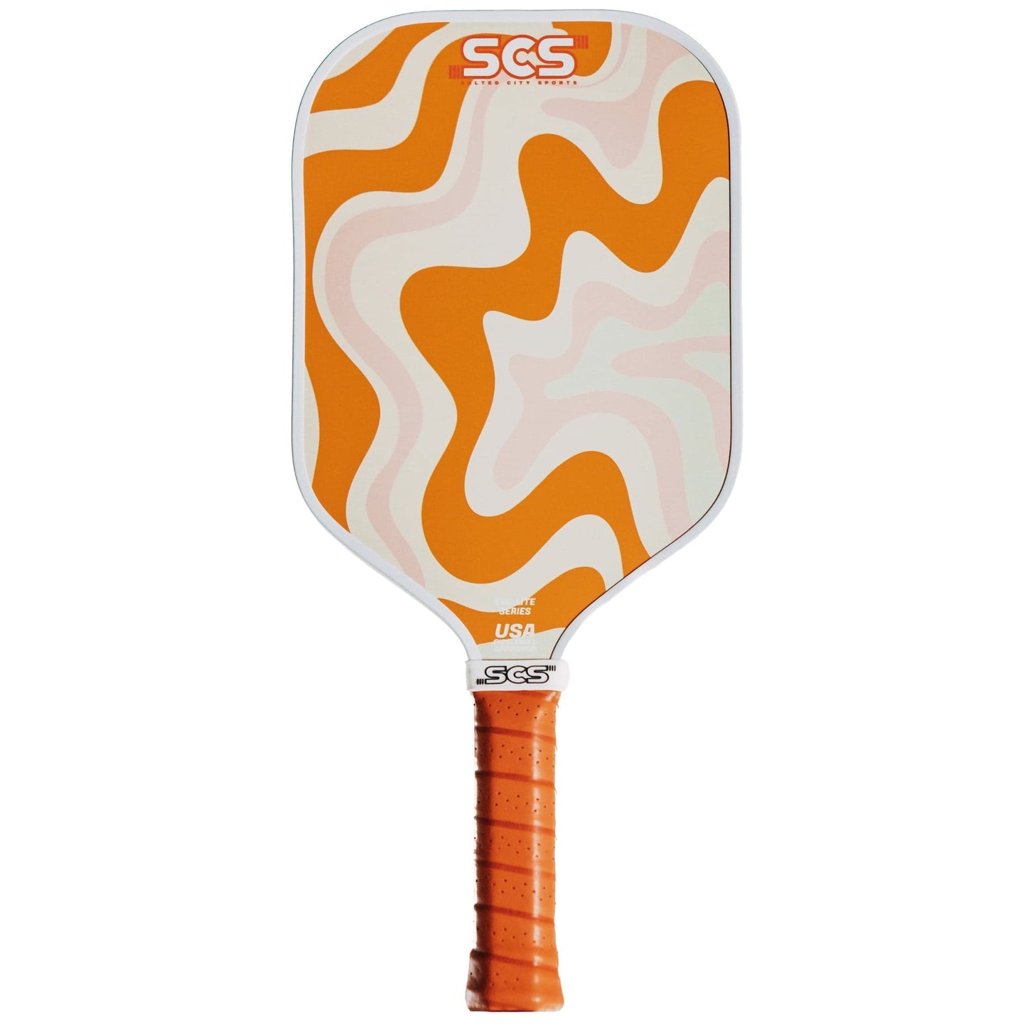 The Winston | Evo-Lite Series by Salted City Sports is an orange and white pickleball paddle with wavy, abstract patterns, a textured orange handle grip, the SGS logo, and USA Pickleball Approved text on the paddle face.