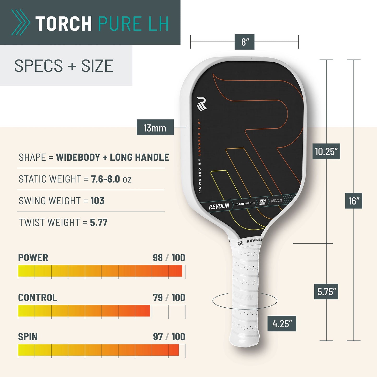 A Revolin Sports Torch Pure LH Pickleball Paddle in black and orange is shown vertically with labeled dimensions: 16" long, 8" wide, 13mm thick, and a 4.25" handle. Side specs list weight ranges, power (98), control (79), and spin (97) ratings.