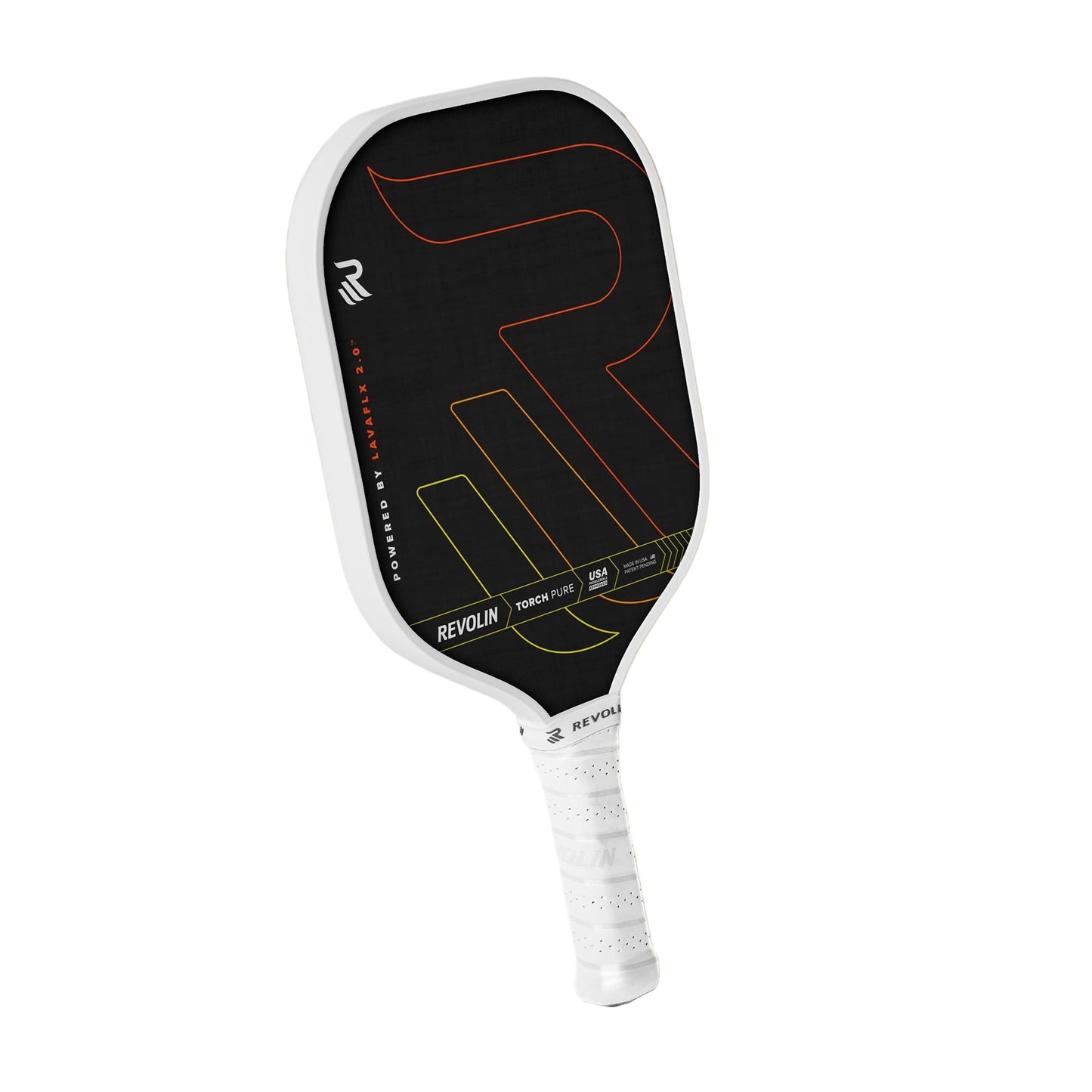 The Revolin Sports Torch Pure Pickleball Paddle features a sleek black basalt fiber face with abstract orange, yellow, and green lines, a bold R logo, and a white frame and handle. It is shown resting on a beige surface with a shadow.