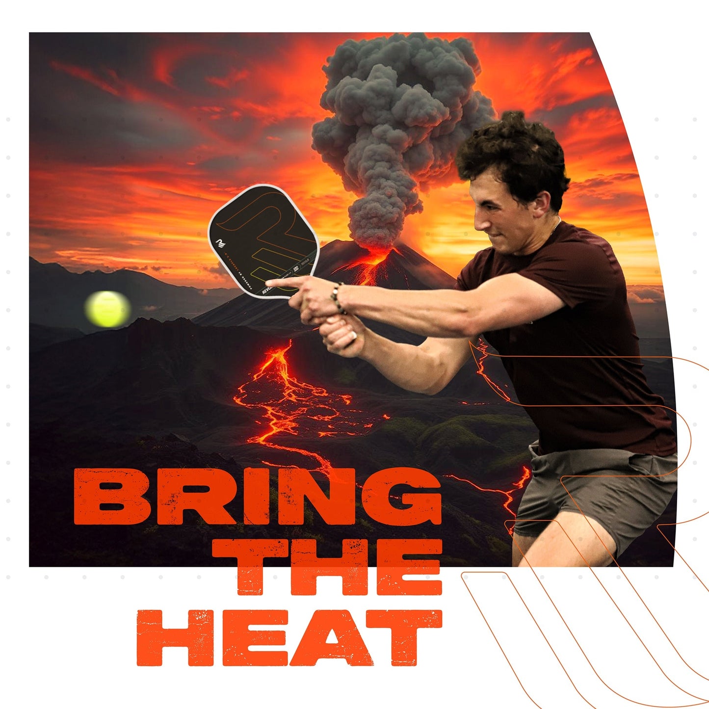 A determined man in athletic wear swings the Torch Pure Pickleball Paddle by Revolin Sports at a fast-moving ball. Behind him, a volcano erupts under a dramatic sunset. Bold orange text at the bottom reads: “BRING THE HEAT.”.