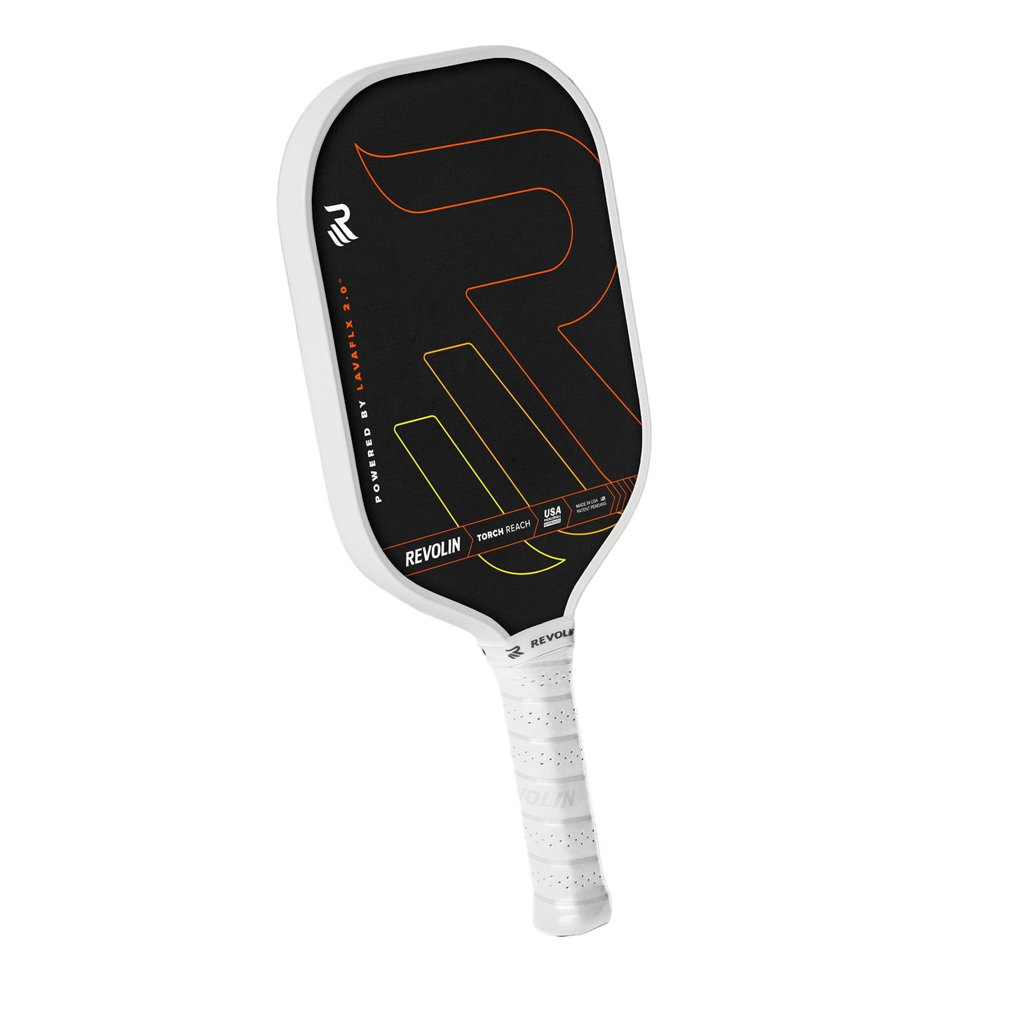 A black Torch Reach Pickleball Paddle by Revolin Sports with a polymer honeycomb core and white edge rests on beige. It displays an orange-yellow “R,” “REVOLIN” branding, and a handle wrapped in white grip tape.