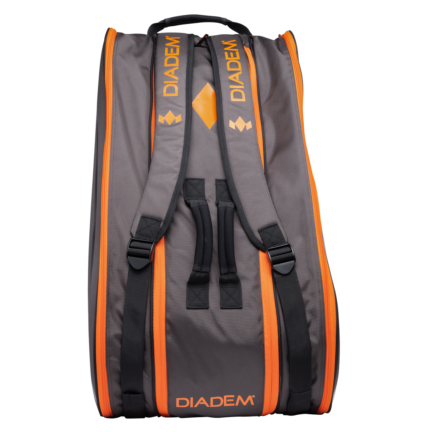 The Diadem Sports Tour v3 12PK racket bag is large and gray with orange accents, featuring upright padded backpack straps, black adjustment straps, orange zippers, visible seams, a structured design, and the Diadem logo—ideal for tennis gear.