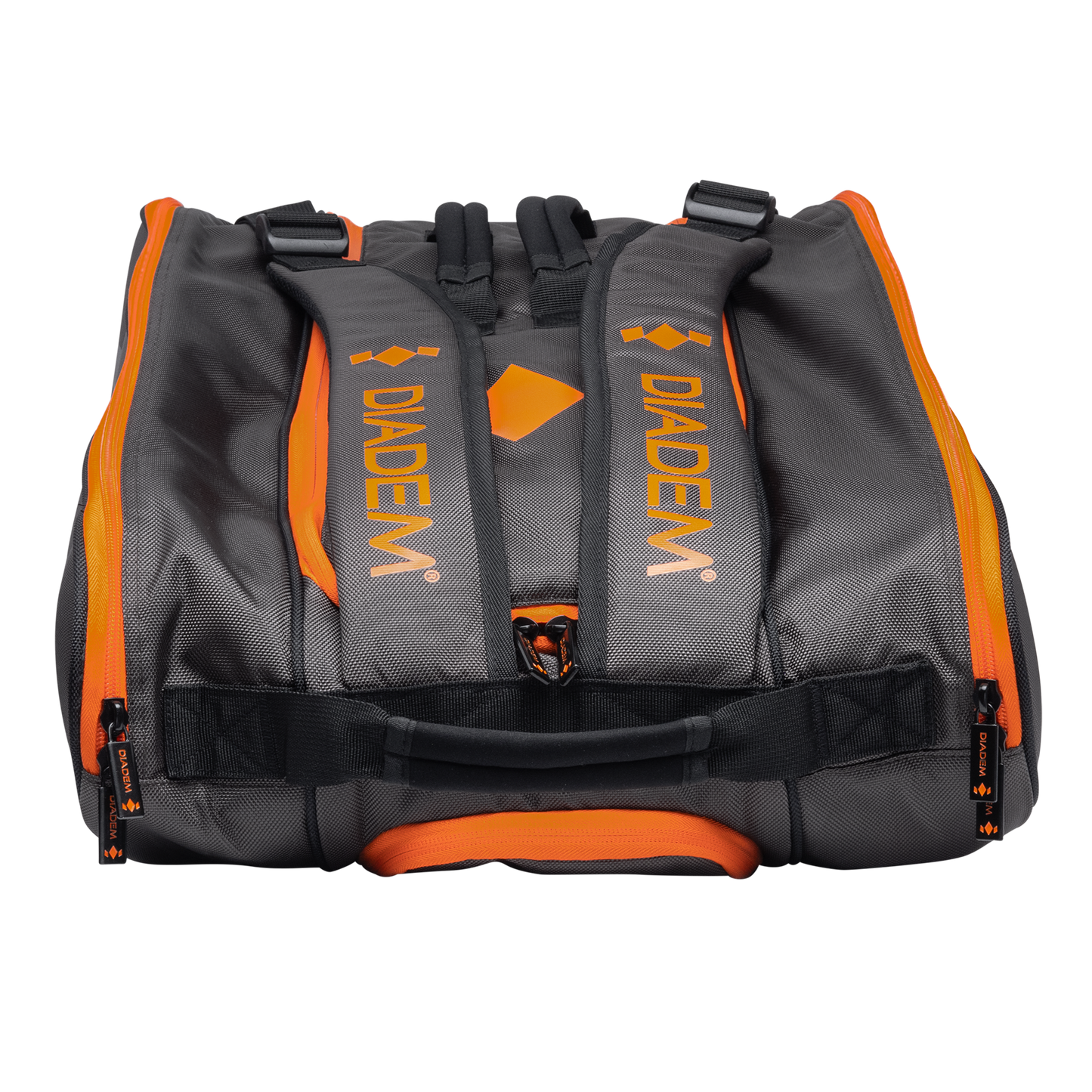 The Diadem Sports Tour v3 12PK racket bag in gray with orange accents and black zippers is shown from above, featuring two DIADEM-branded shoulder straps, a black handle, and orange trim—ideal for your tennis gear.