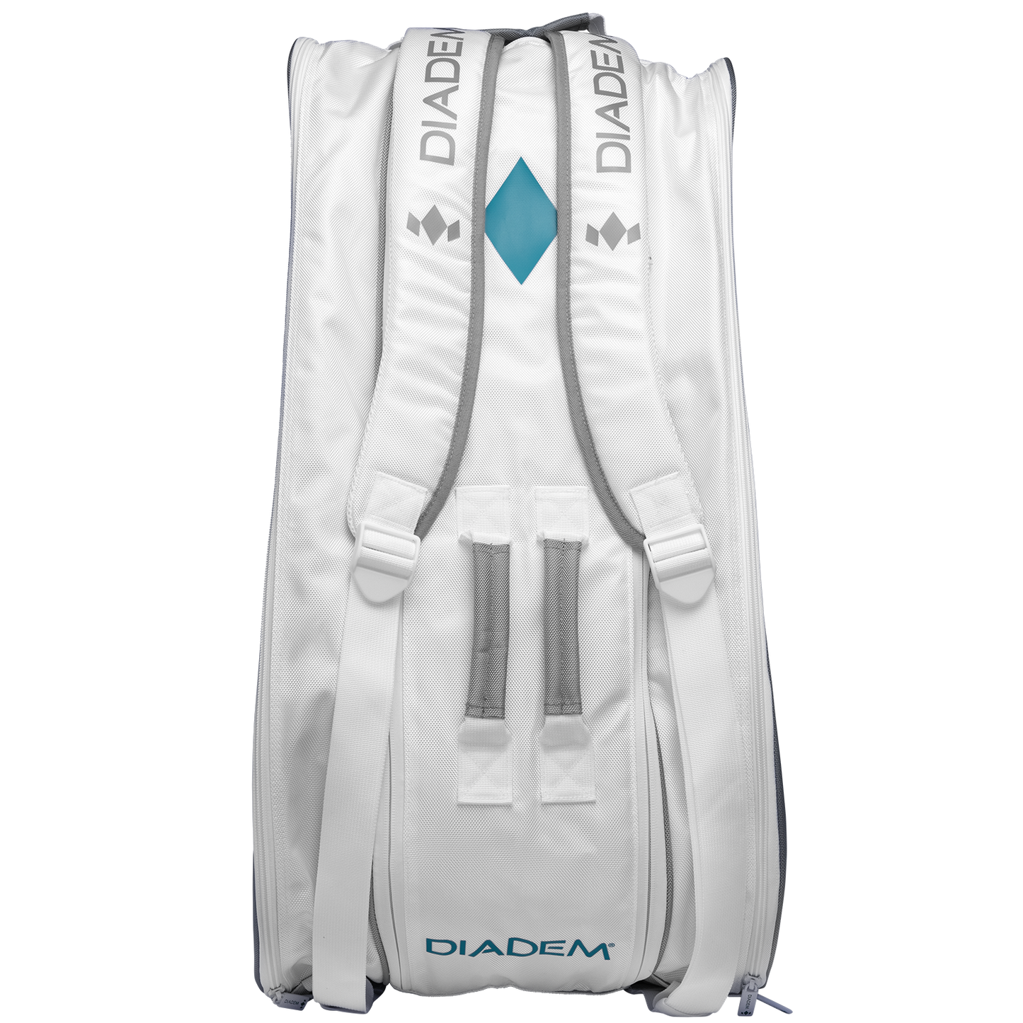 The Diadem Sports Tour v3 12PK is a white tennis bag with gray and teal accents, featuring "Diadem" in teal on the front and gray on both straps plus teal diamond logos. It’s perfect for serious players, with two handles and visible zippers.