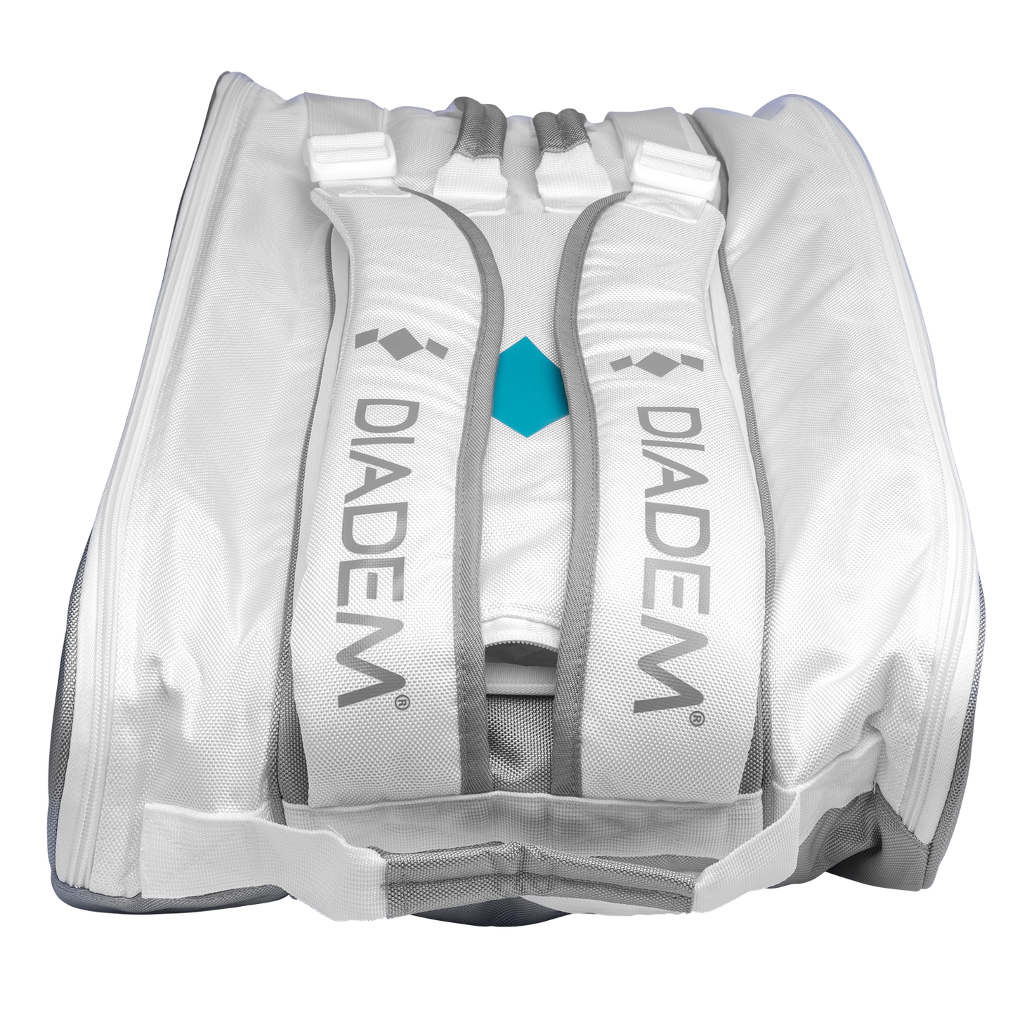 A white backpack with straps, ideal for carrying tennis gear or using as a stylish racket bag like the Diadem Sports Tour v3 12PK.