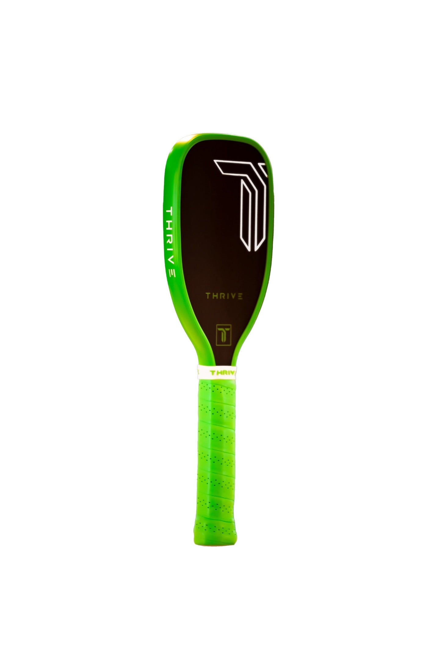 The Thrive Pickleball Training Paddle (Neon Green) features a black T700 carbon fiber face, green edges, lime green grip, durable polymer core, and bold white “T” logo with “THRIVE” branding—ideal for training sessions.
