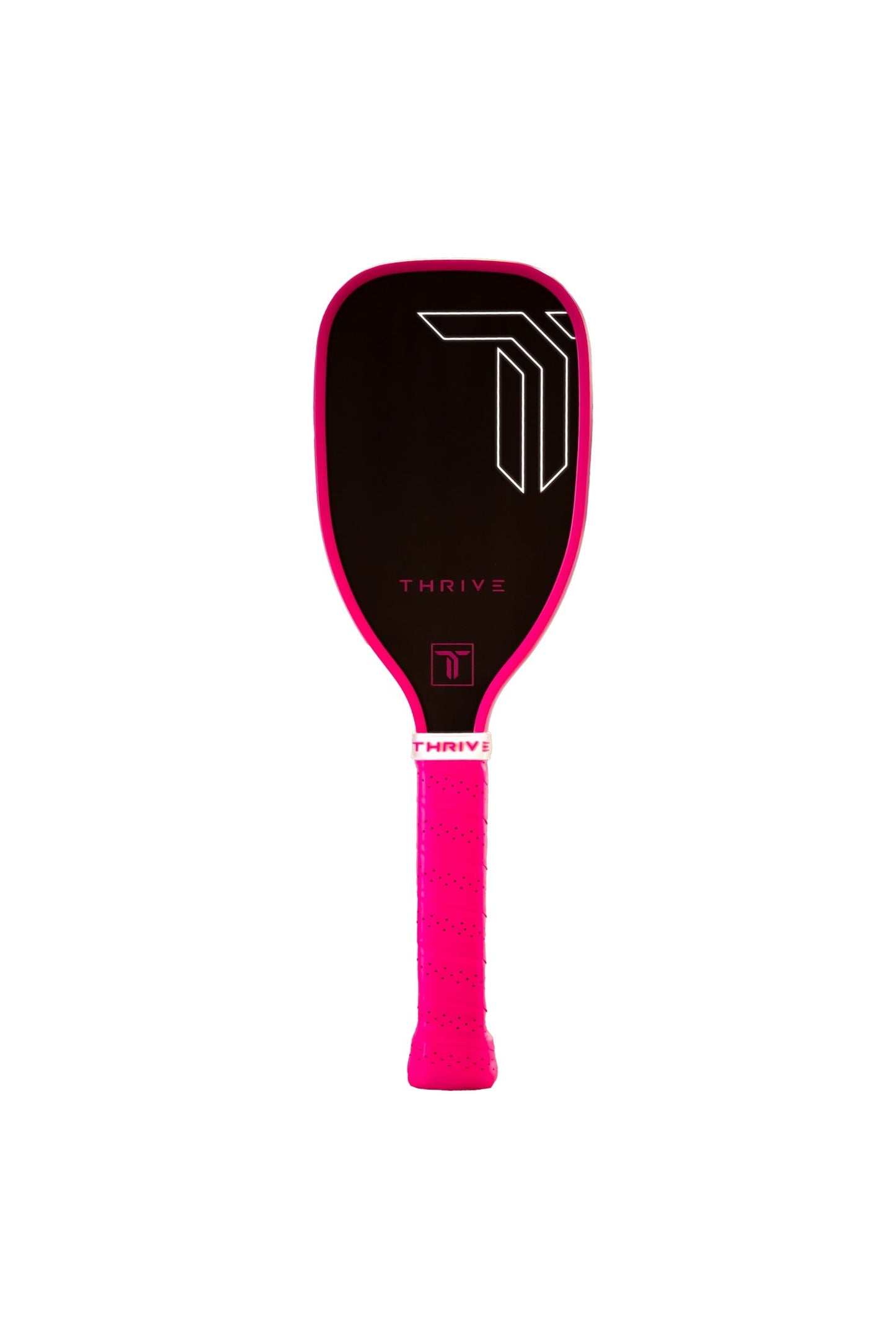 The Training Paddle (Pink) by Thrive Pickleball is a black T700 carbon fiber paddle with a hot pink edge and handle, geometric white accents, "THRIVE" in pink, and a matching grip with white THRIVE band. Durable polymer core. White background.