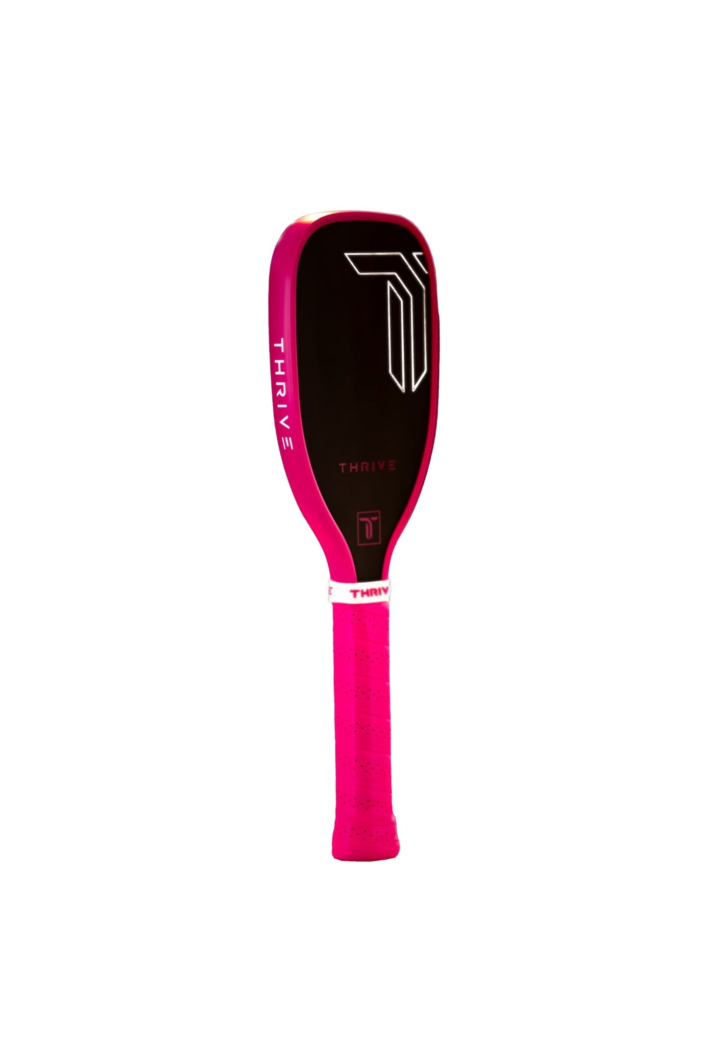 The Thrive Pickleball Training Paddle (Pink) has a T700 carbon fiber face, polymer core, black and pink design, geometric white logo with THRIVE text, bright pink edge and grip, cushioned handle, and stands upright on a white background.