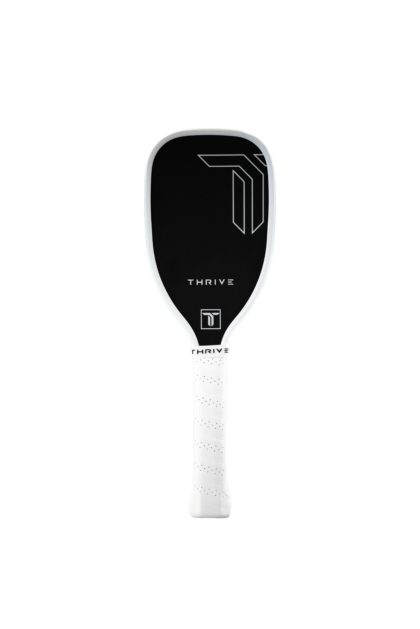 A black T700 carbon fiber Training Paddle (White) by Thrive Pickleball features a white edge, textured white grip, and “THRIVE” plus a geometric “T” logo in white on both the face and neck. Background is plain white.