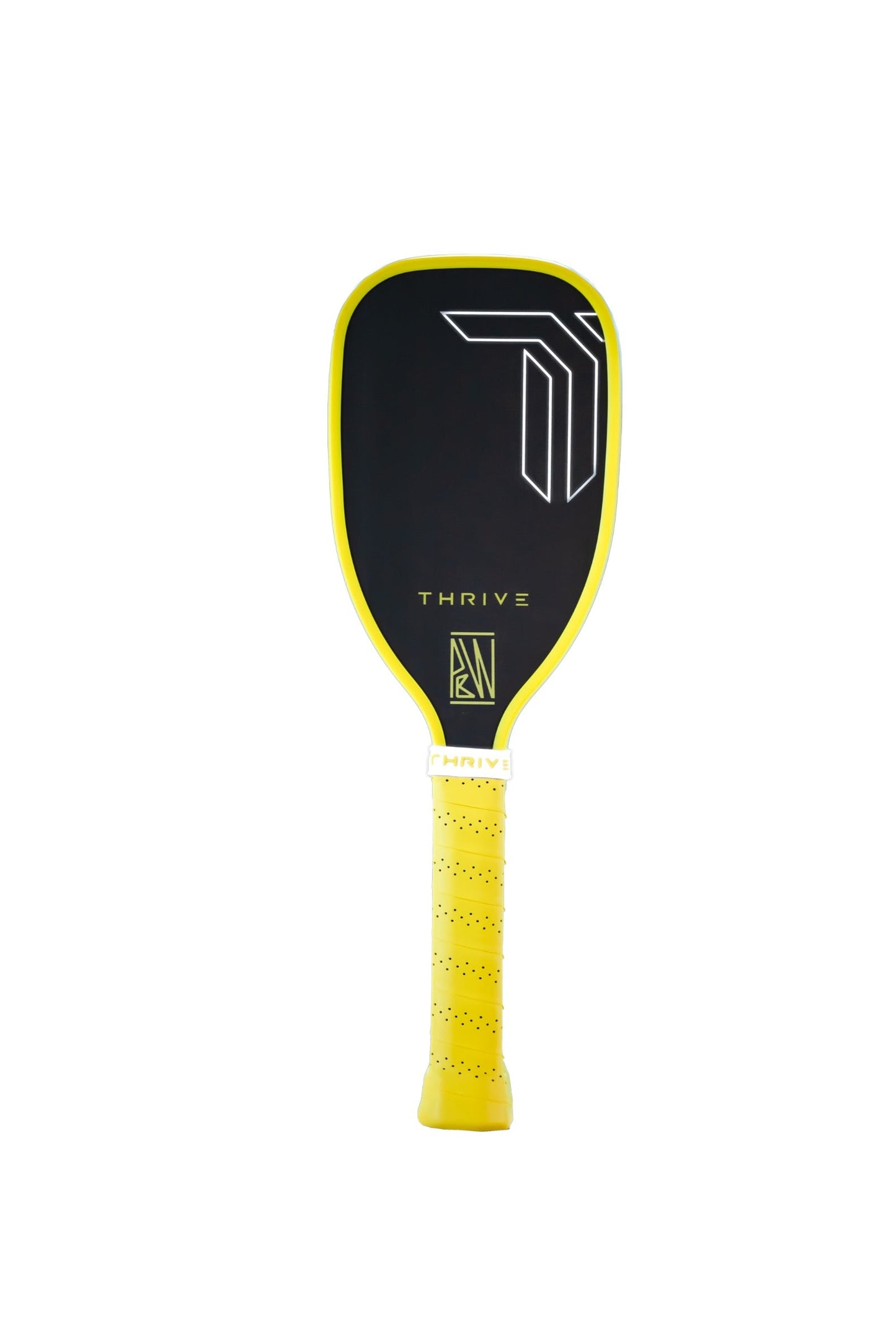 The Training Paddle (Yellow) Pickleball Will Edition by Thrive Pickleball features black T700 carbon fiber, a yellow border and grip, modern white lines, gold "THRIVE" branding, and a geometric logo above the handle on a white background.