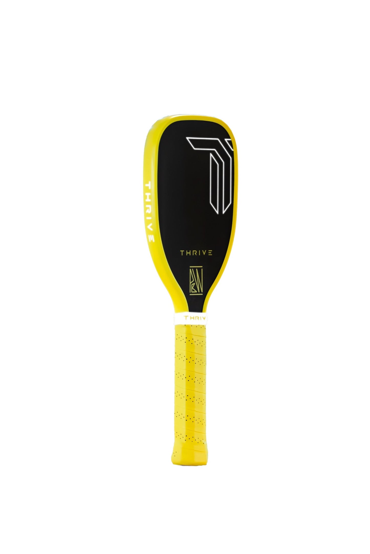 The Training Paddle (Yellow) Pickleball Will Edition by Thrive Pickleball features bold yellow and black T700 carbon fiber, modern graphics, THRIVE branding, a stylized T logo, and a textured yellow grip for superior play.