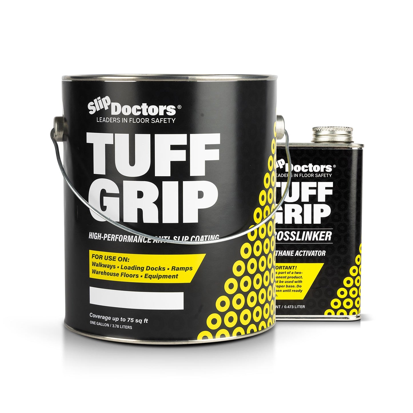 A black can labeled SlipDoctors Tuff Grip or Tuff Grip Extreme, featuring yellow dots and a metal handle, stands beside a smaller CROSSLINKER can. Both are high-traction, aggressive non-skid floor paints designed for superior anti-slip safety.