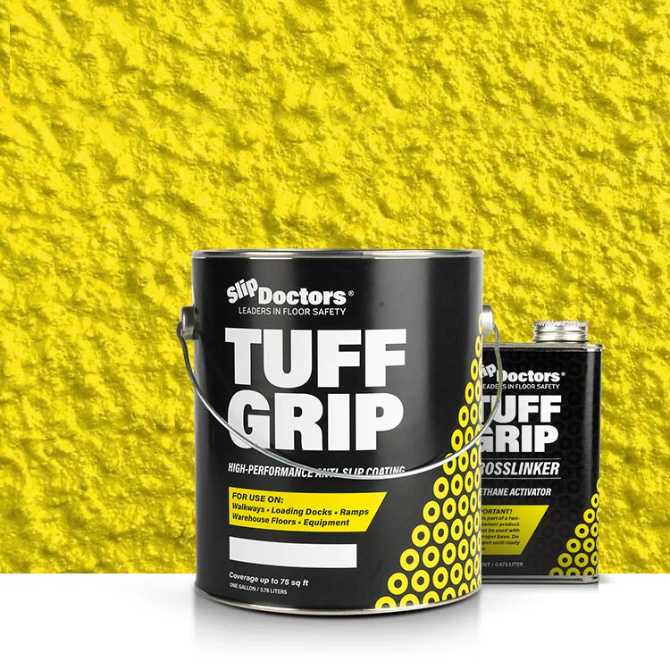 A large black and yellow can of SlipDoctors Tuff Grip or Tuff Grip Extreme Aggressive Traction Non-Skid Floor Paint sits beside a smaller Crosslinker can, with paint roller texture and a bright yellow, high-traction wall in the background.