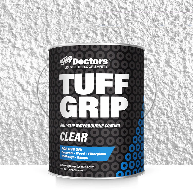 A black SlipDoctors Tuff Grip or Tuff Grip Extreme can sits on a textured white background, promoting aggressive traction non-skid floor paint for concrete, wood, fiberglass, walkways, and ramps. Blue circles accent the lower half.