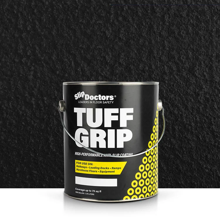 The SlipDoctors Tuff Grip or Tuff Grip Extreme is a black and yellow bucket with white text, featuring an aggressive traction non-skid floor paint for enhanced safety.