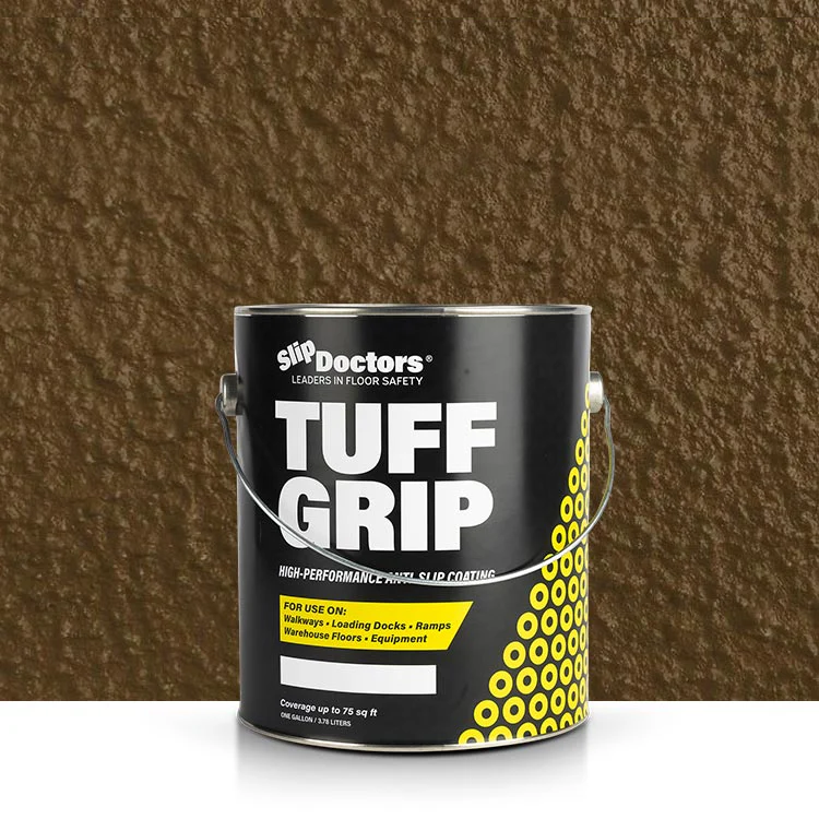 A SlipDoctors Tuff Grip Extreme - Aggressive Traction Non-Skid Floor Paint can, with bold white and yellow text on black, rests on a white surface. A textured brown background highlights its high-traction, anti-slip coating.