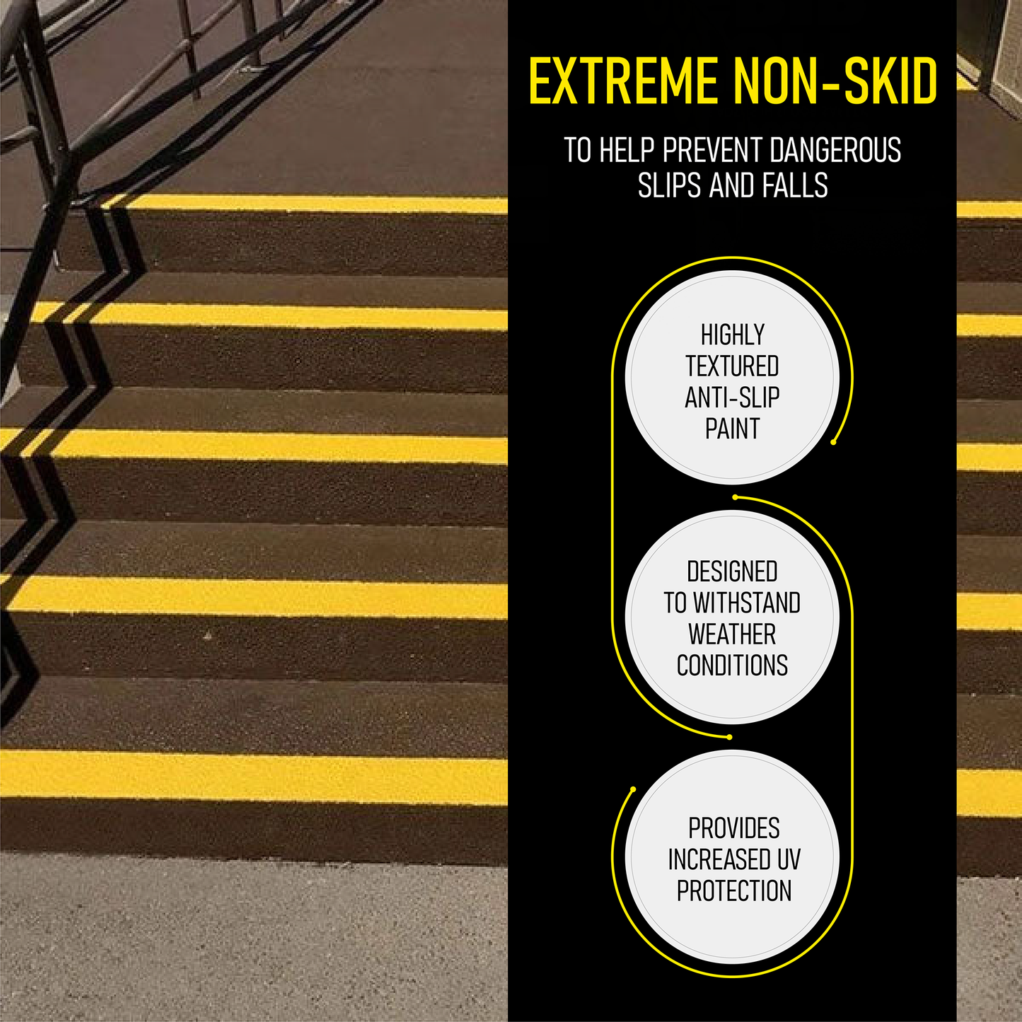 A sign on a staircase highlights the use of SlipDoctors Tuff Grip or Tuff Grip Extreme Aggressive Traction Non-Skid Floor Paint for added safety.