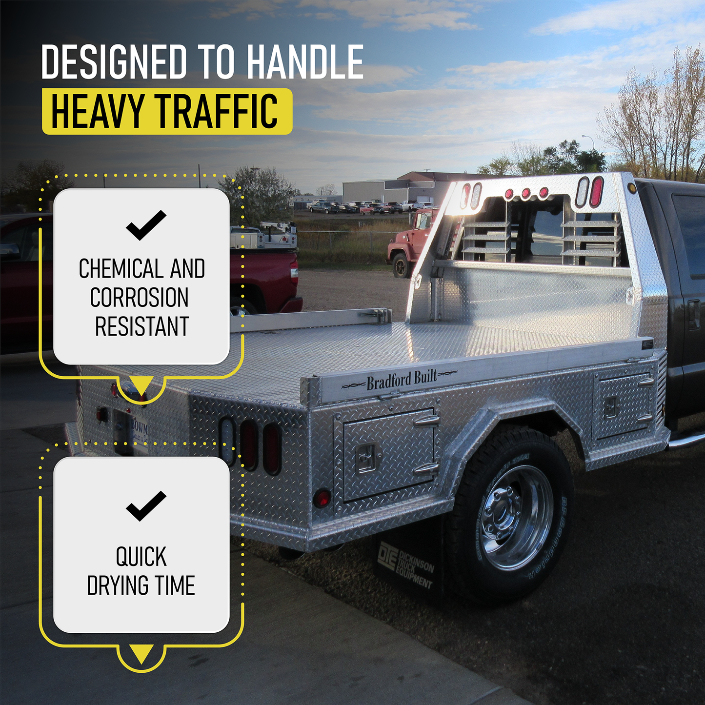 A silver flatbed truck is parked outside. Text reads DESIGNED TO HANDLE HEAVY TRAFFIC. SlipDoctors Tuff Grip or Tuff Grip Extreme offers aggressive traction, chemical and corrosion resistance, fast drying, and lasting durability. Trees and vehicles in the background.