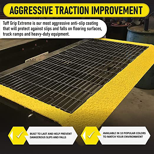 A metal floor grate features a thick border of textured yellow Tuff Grip or Tuff Grip Extreme paint by SlipDoctors. Bold text states "Aggressive Traction Improvement," highlighting its non-skid benefits for truck ramps and equipment safety.