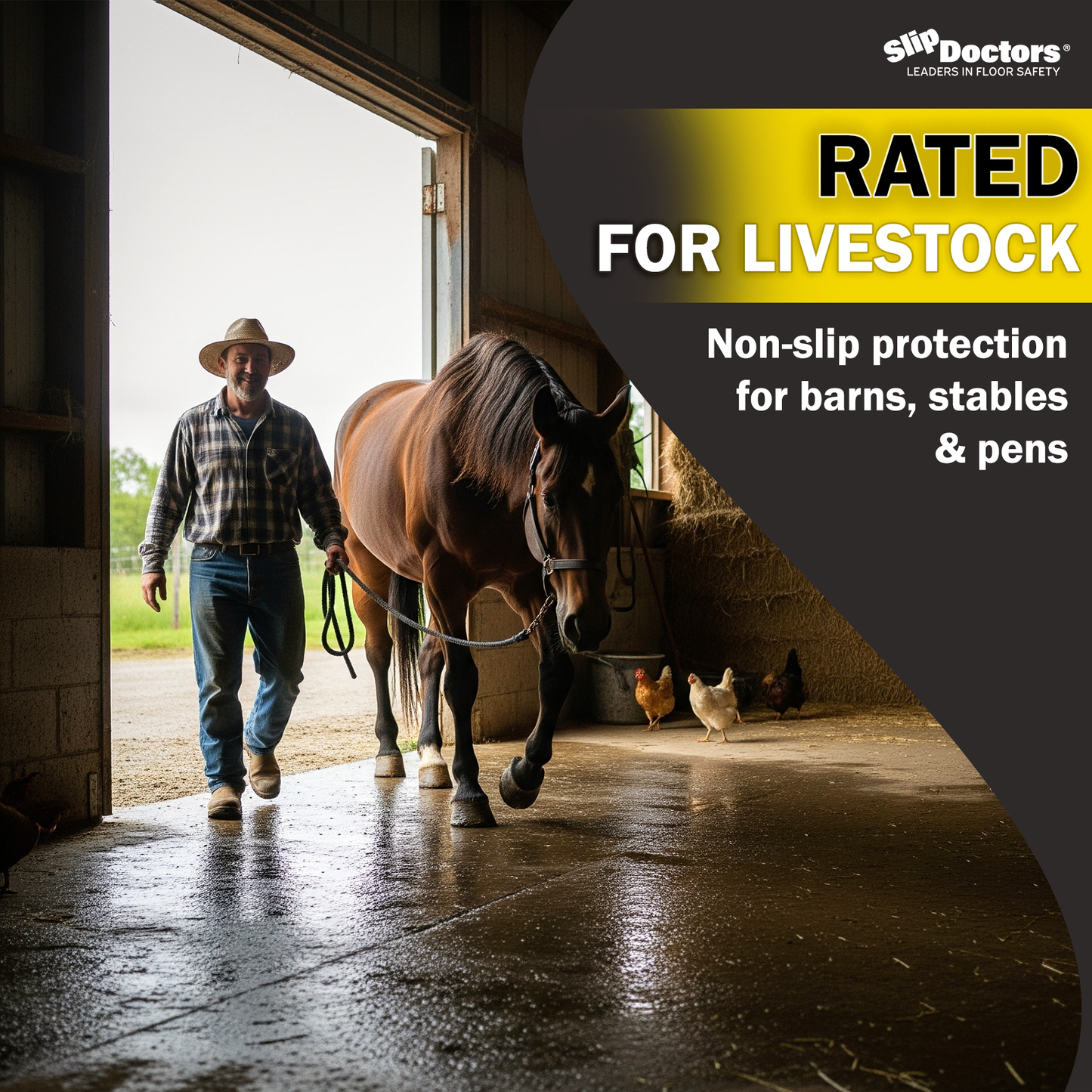 A smiling person in a cowboy hat leads a brown horse into a sunlit barn with chickens nearby. Text reads: SlipDoctors Tuff Grip or Tuff Grip Extreme—Aggressive Non-Skid Floor Paint rated for livestock, ideal for barns, stables & pens.