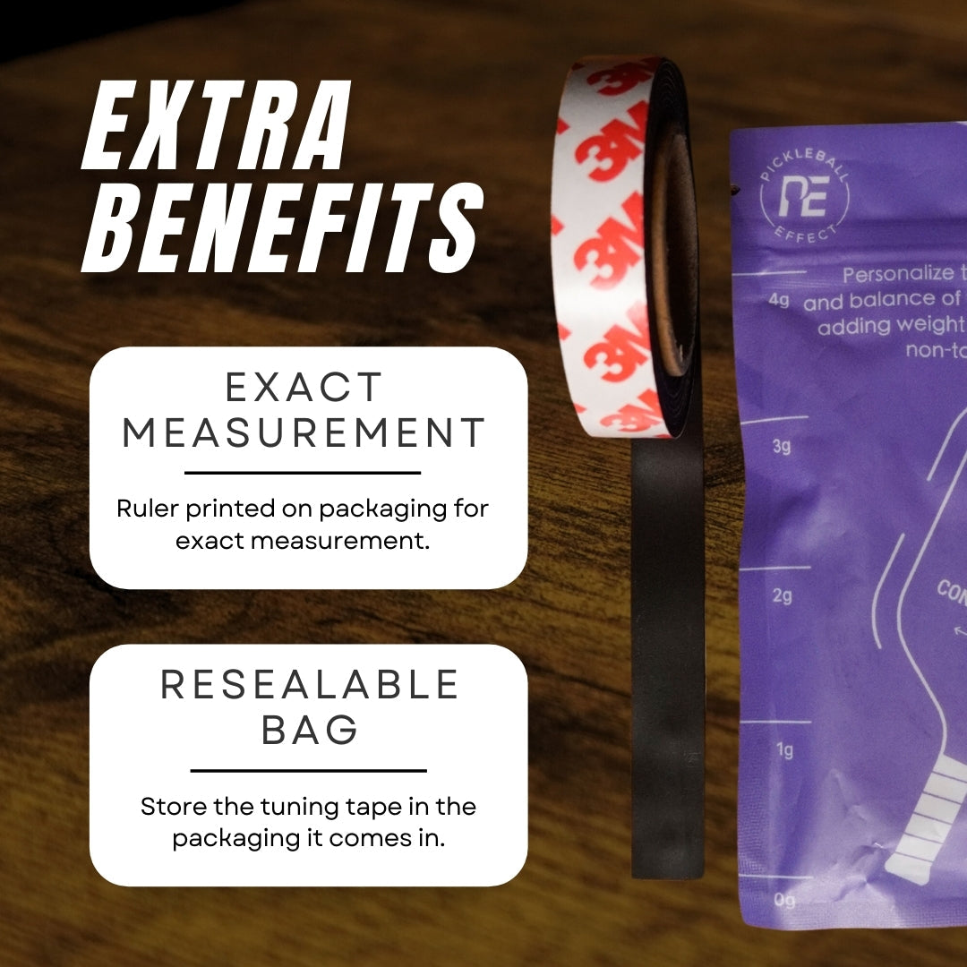 A roll of Pickleball Effect Shop Paddle Tuning Tape with red-and-white backing is next to a purple resealable bag. Extra benefits: easily adjust paddle weight and balance using the printed ruler, plus handy storage in the bag.